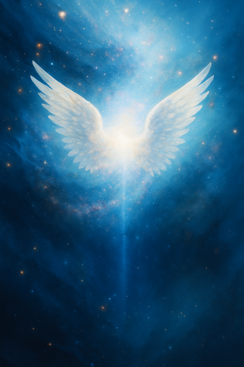 A glowing, white angel or fairy wing against a cosmic background with stars and light.