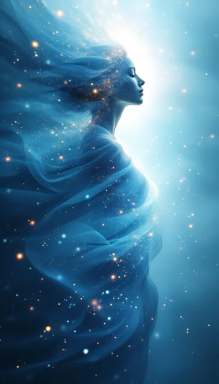 Bright light in the shape of a bird with outstretched wings in a dark sky, surrounded by lens flares and small light orbs.