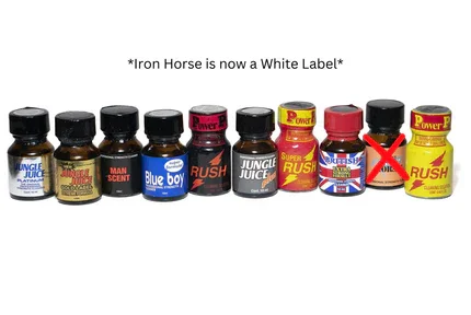 Lineup of seven bottles with different labels,