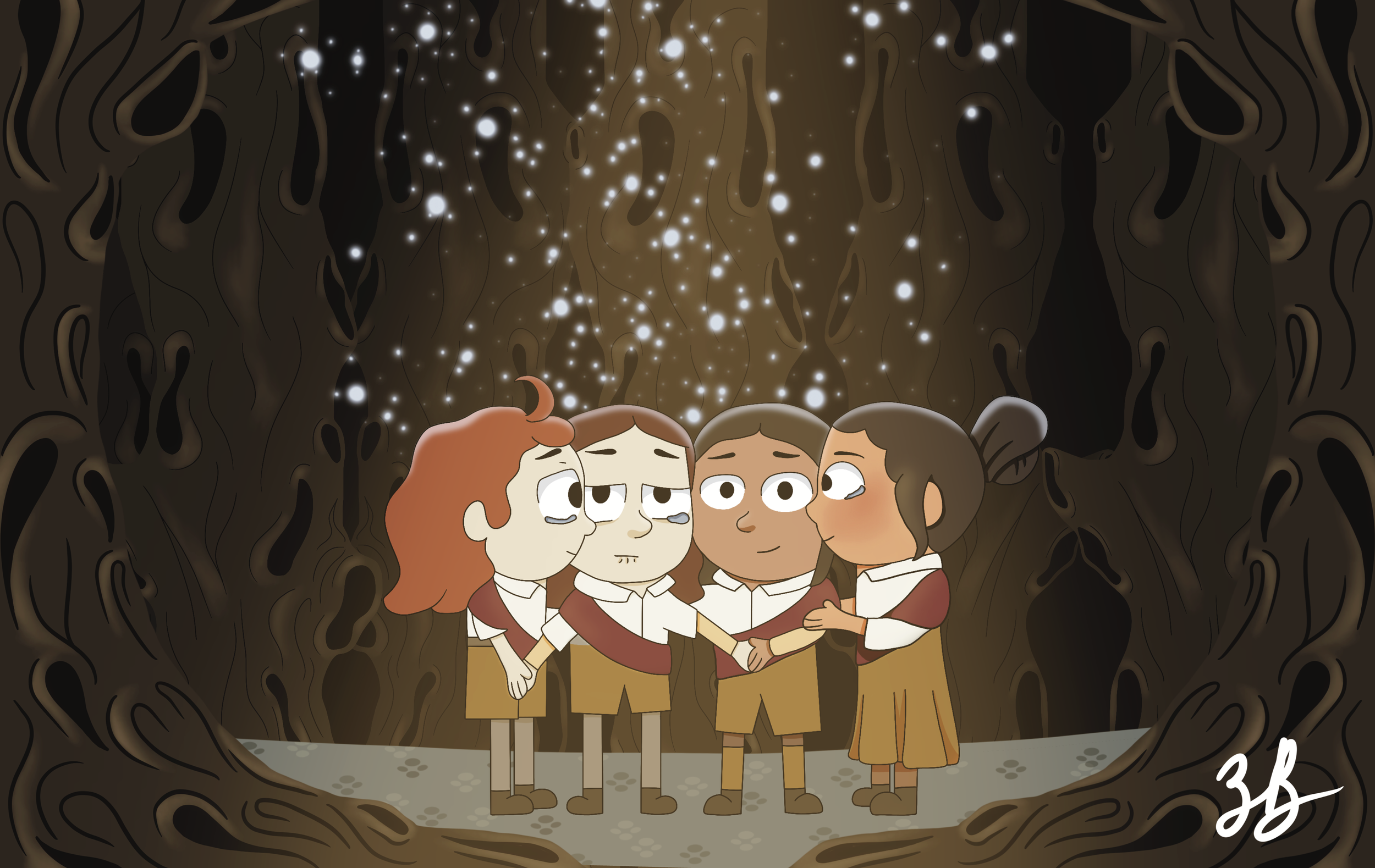 Four children holding hands in a circle inside a hollow tree with glowing fireflies above them.