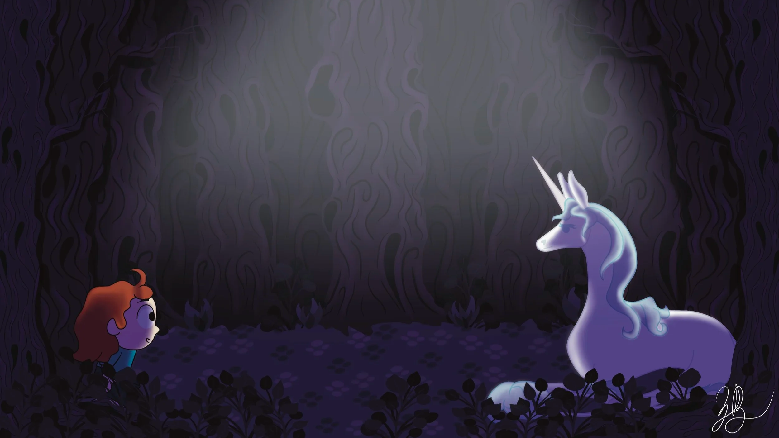 A young girl with red hair and a blue dress looks at a white unicorn with a flowing mane and a shiny horn inside a dark, mysterious forest with twisted trees and dark purple foliage.