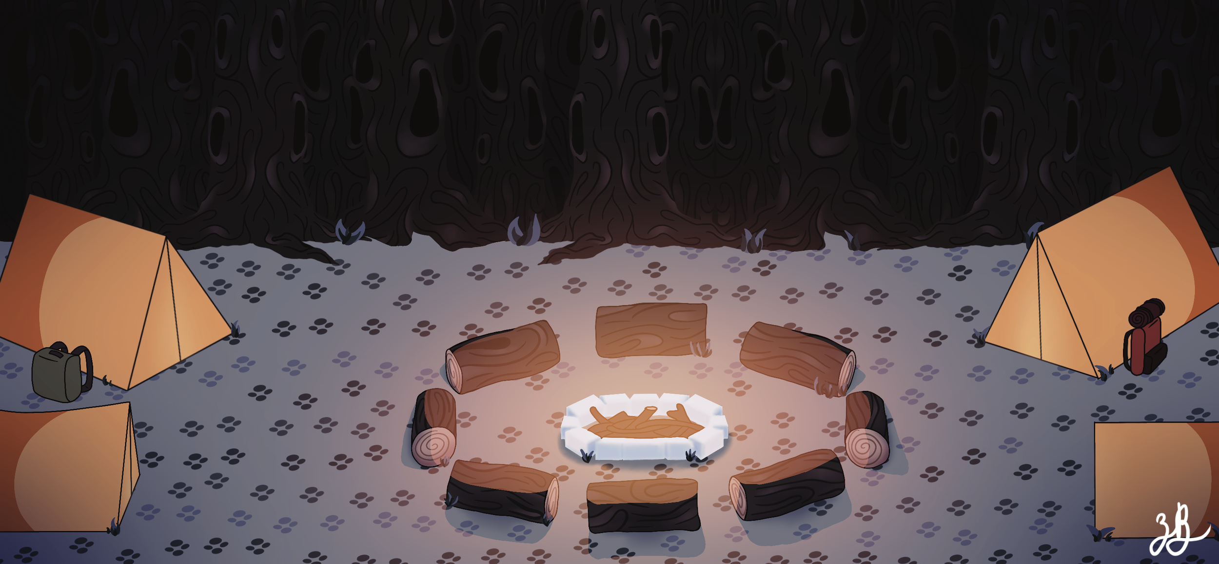 A camping scene inside a tent with a campfire ring made of logs and stones, surrounded by four tents and backpacks, with a dark forest in the background.