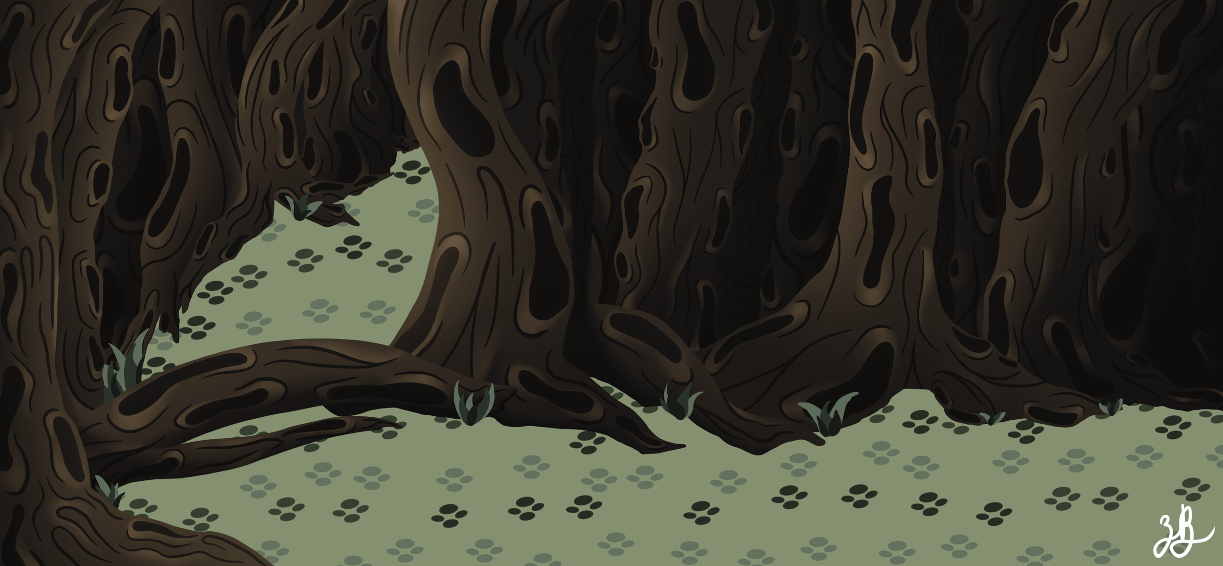 Illustration of a large, ancient, hollow tree trunk with roots extending onto a green ground, surrounded by small plants and grass.