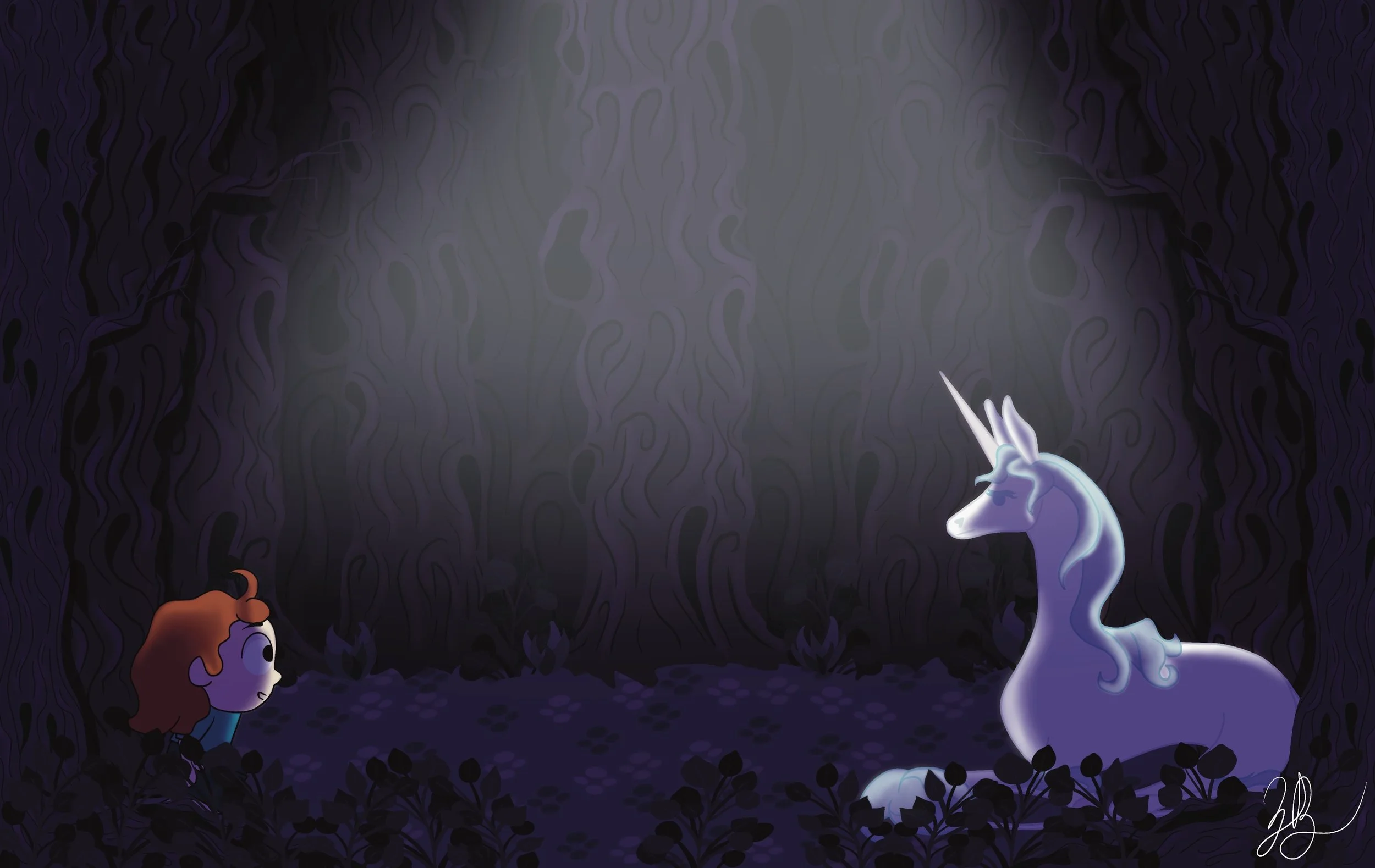 A young girl meets a glowing white unicorn in a dark, enchanted forest with purple and blue foliage.