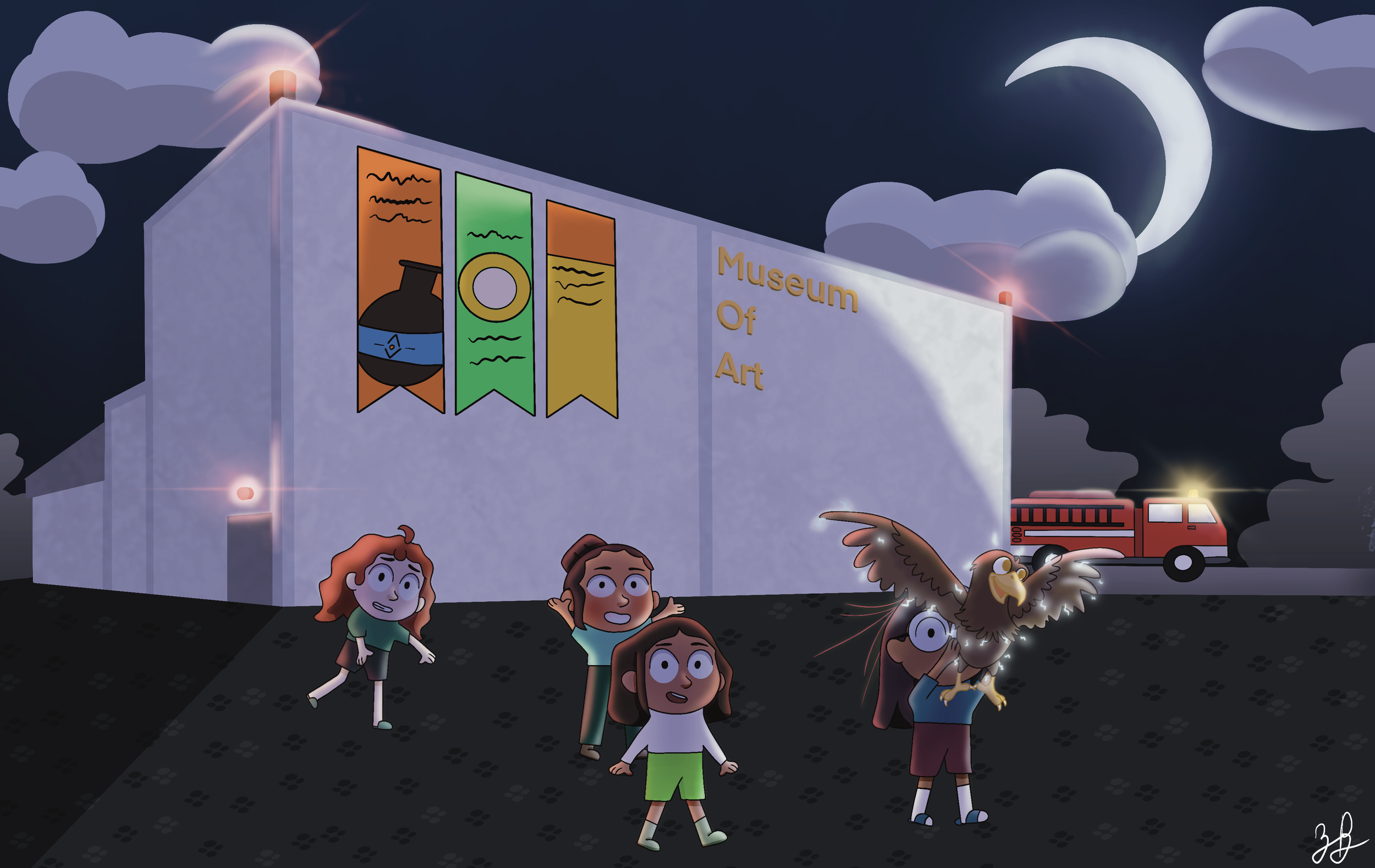 Night scene outside a museum with children and a bird of prey. The museum has banners with art symbols and the words 'Museum of Art.' A fire truck is in the background, and the sky features clouds, a crescent moon, and a few clouds with a glowing lig