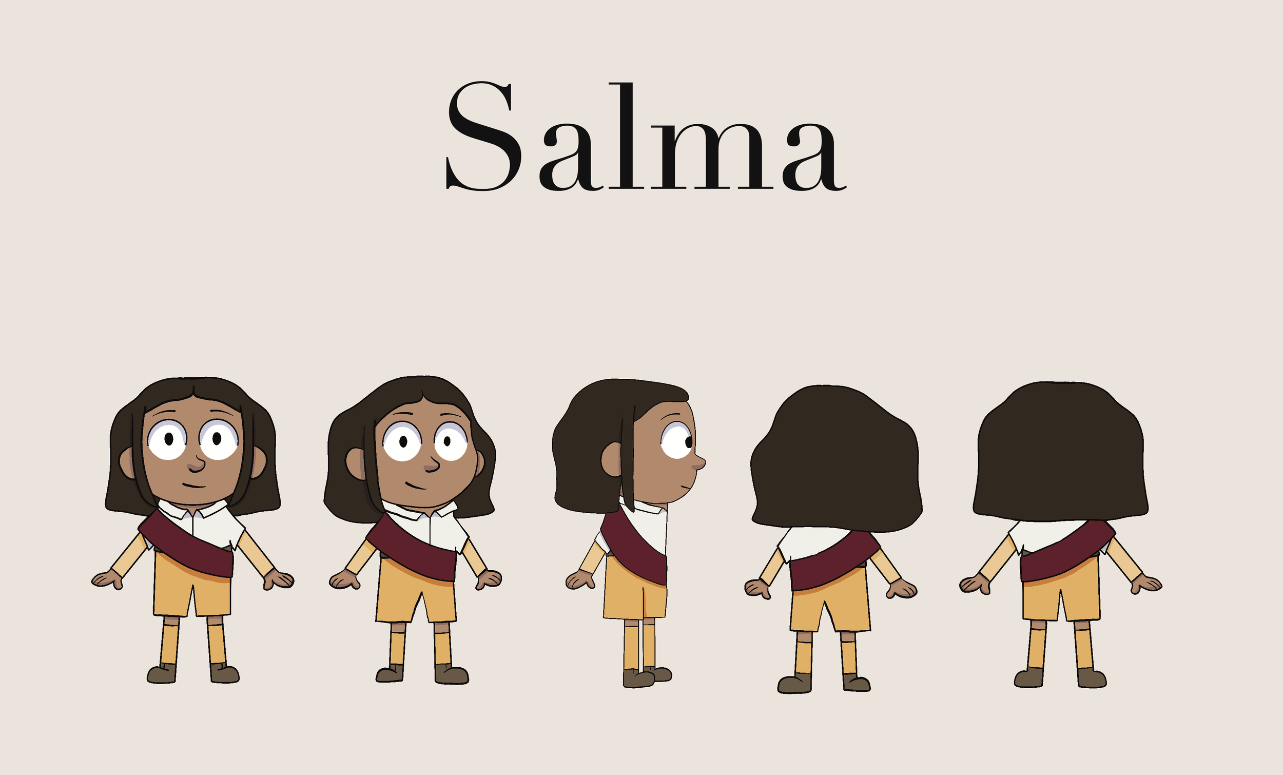 Character sheet of a girl named Salma showing front, three-quarter, side, back, and three-quarter back views in a cartoon style.