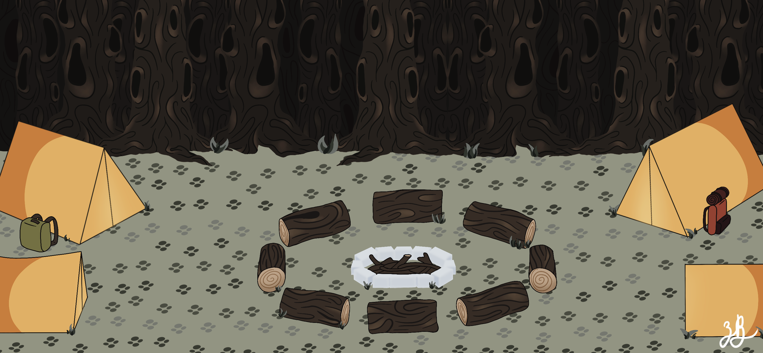 Three orange tents and two backpacks arranged on a patterned ground in front of a dense forest.