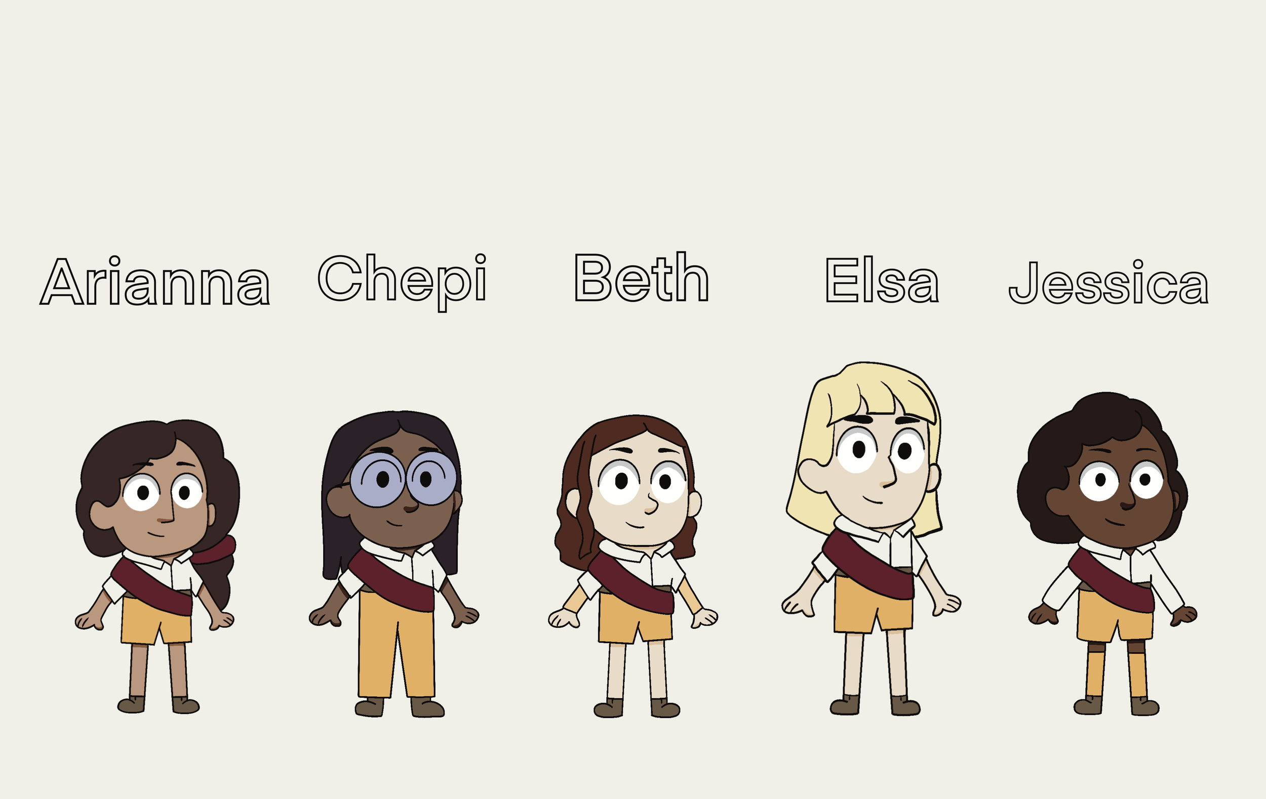 Illustration of five diverse young girls in similar uniforms, each with distinct hair colors and styles, standing side by side with their names above: Arianna, Chepi, Beth, Elsa, and Jessica.
