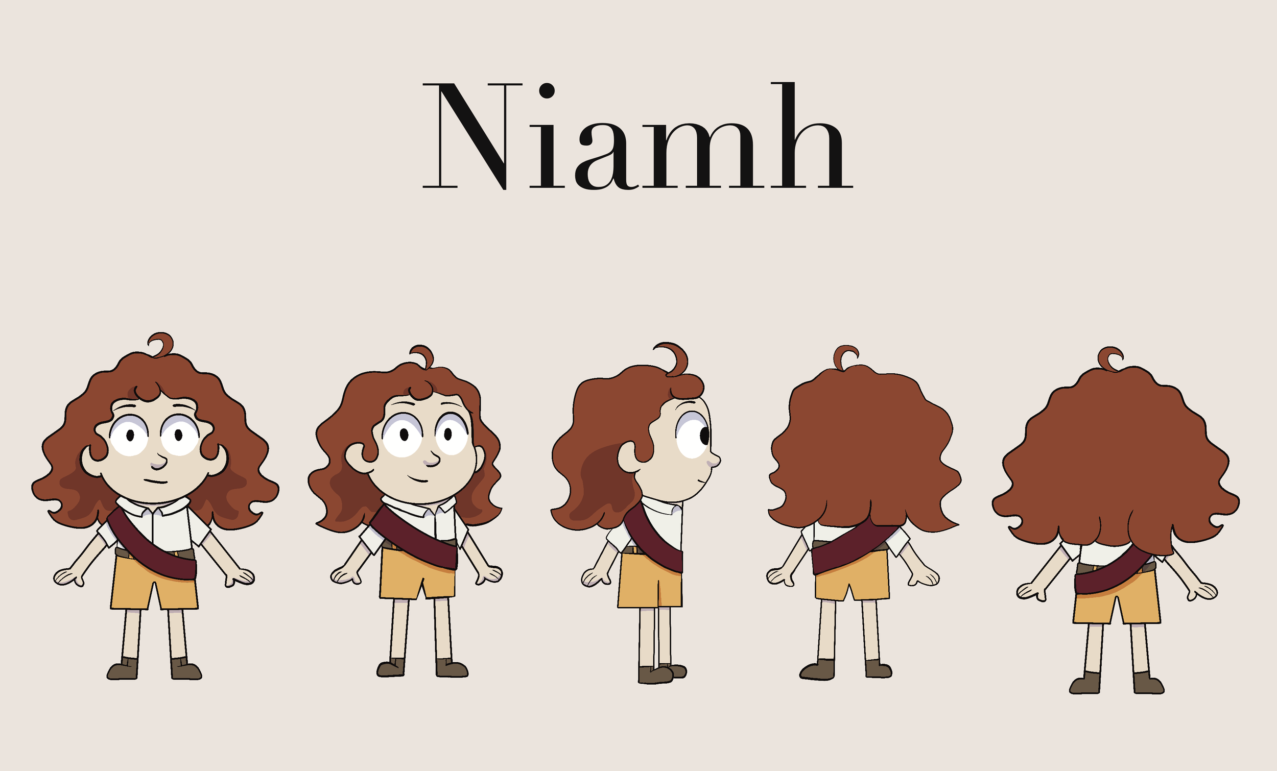Character sheet of a cartoon girl with curly brown hair in five different poses, wearing a white shirt, yellow shorts, and a maroon sash, with the name "Niamh" at the top.