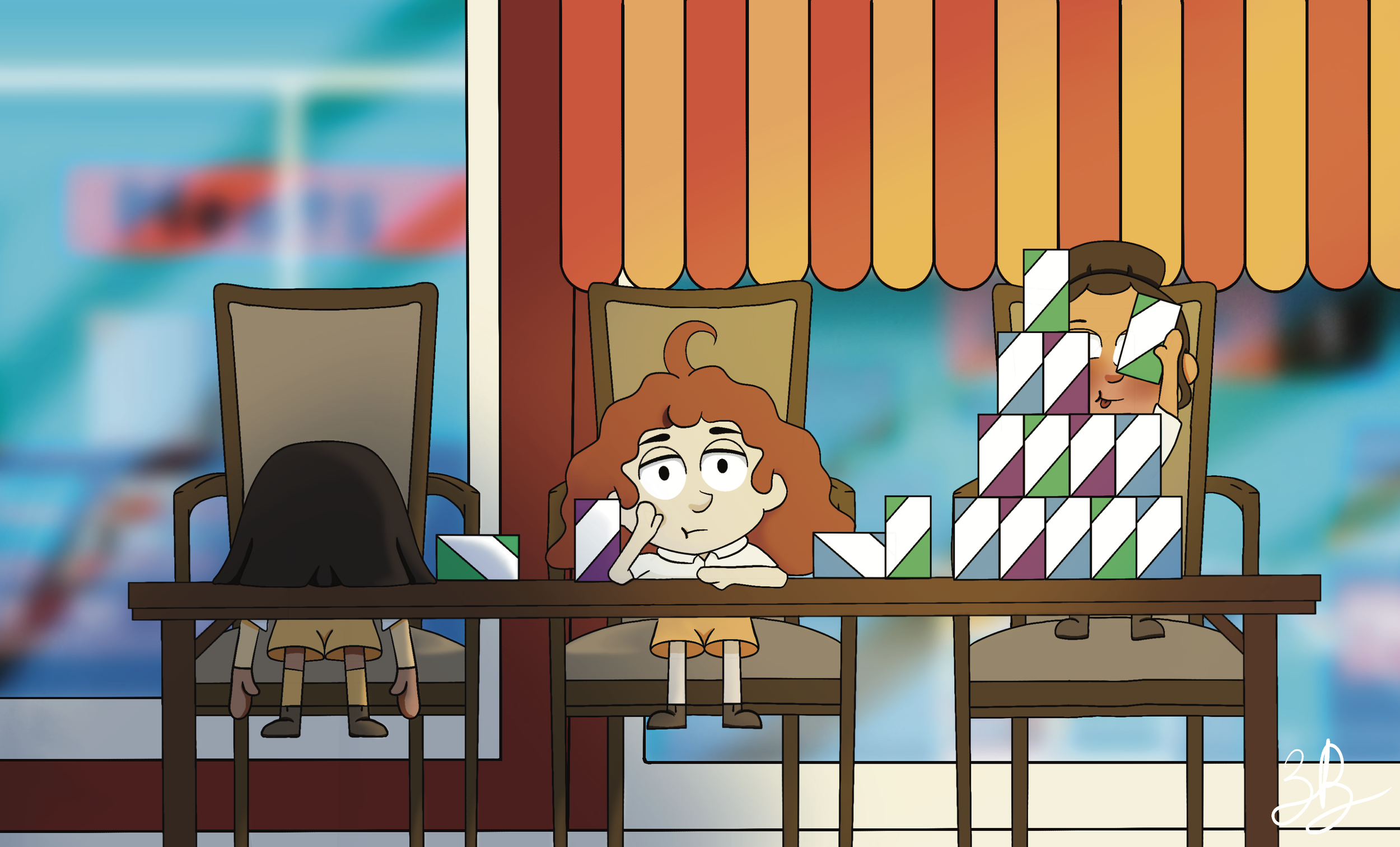 Three children sitting at a table in a fast food restaurant. One child is under the table, another is sitting on a chair with a pile of colorful blocks, and the third child is thinking with their hand on their chin. The background features a window w