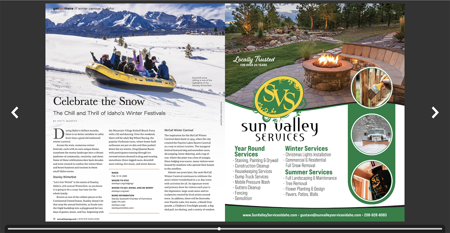 Commercial photo of a raft going down a hill in Stanley, Idaho with the Sawtooth Mountains in the background. There's people in the raft, raising their arms up as they sled down a hill in the raft, during a commercial photography session.