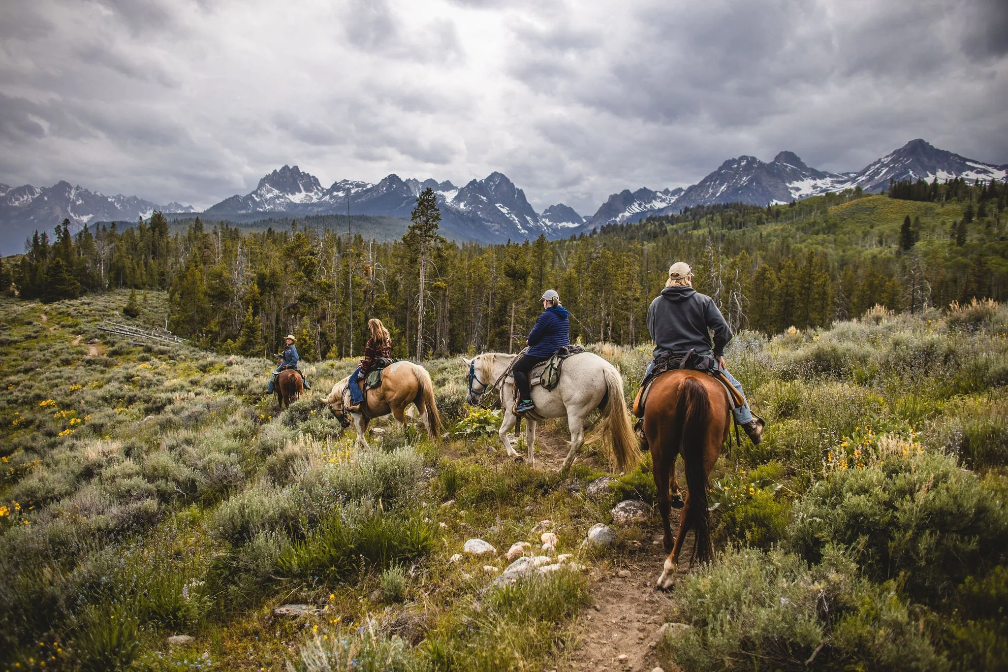 Four people horseback riding along a trail in a mountainous landscape with snow-capped peaks, dense forest, and overcast sky.