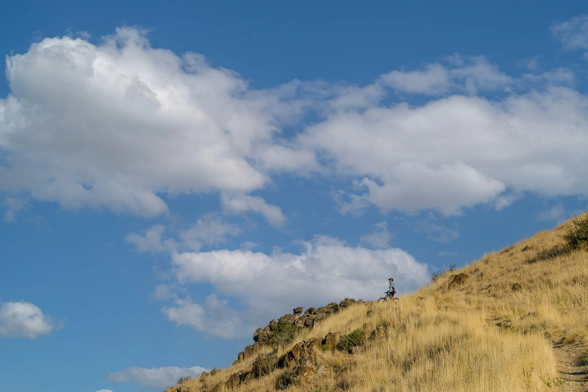 Counselor standing with his mountain bike in the Boise Foothills at Table Rock during a branding photoshoot.