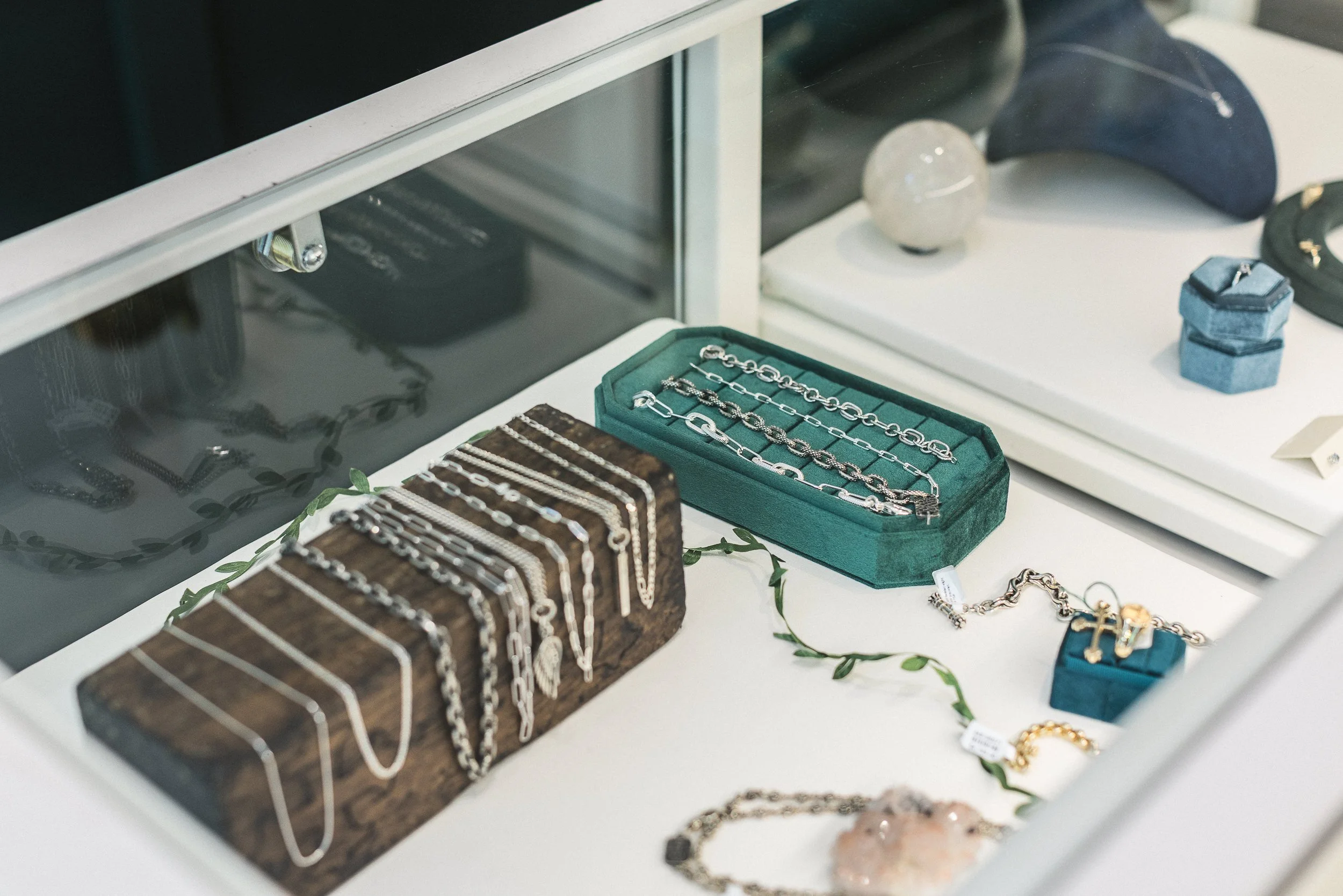 Lifestyle branding photo of a jewelry case for a custom jewelry shop in downtown Boise.