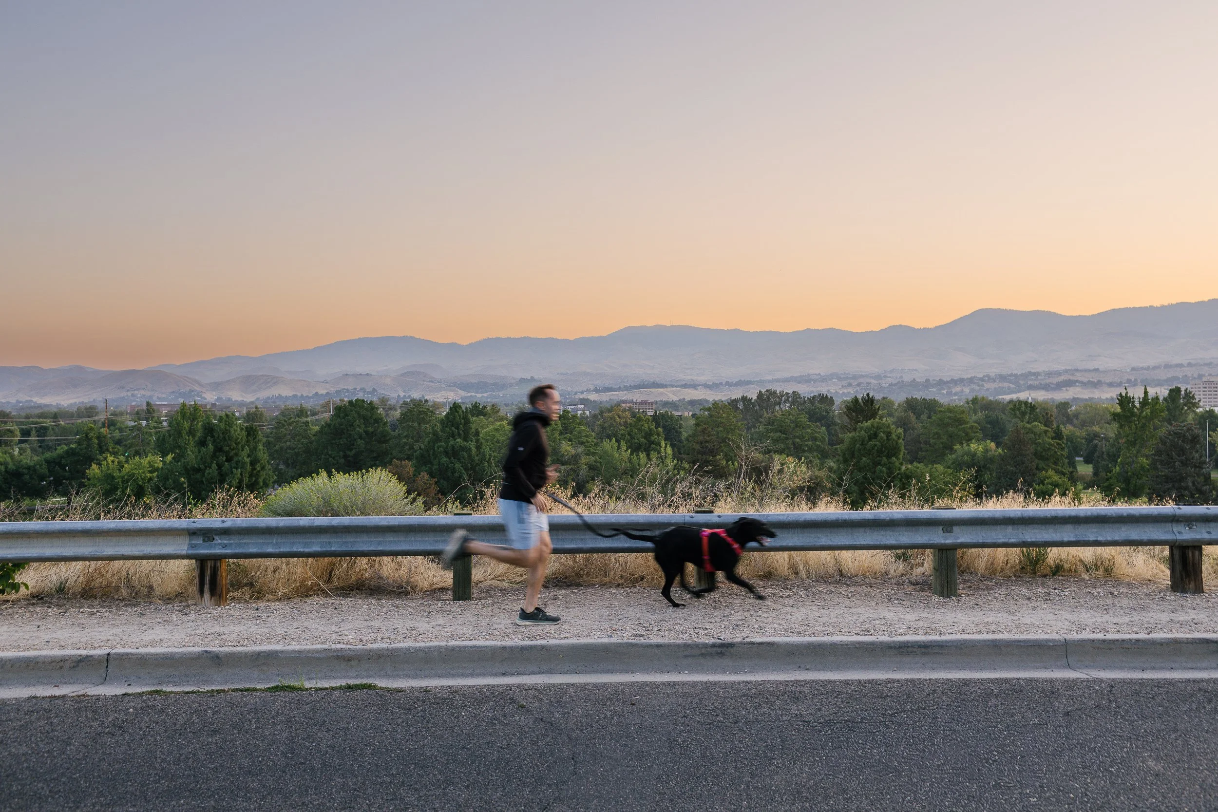 Counselor running with his dog at sunrise with downtown Boise in the background during a personal branding photoshoot.