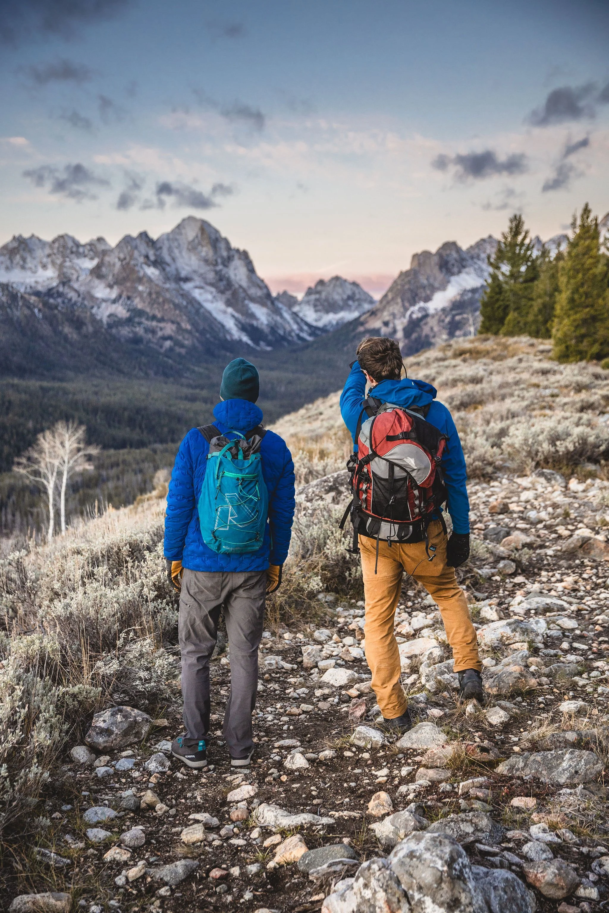 Two hikers with backpacks walking on a rocky trail in a mountainous landscape with snow-capped peaks and pine trees.