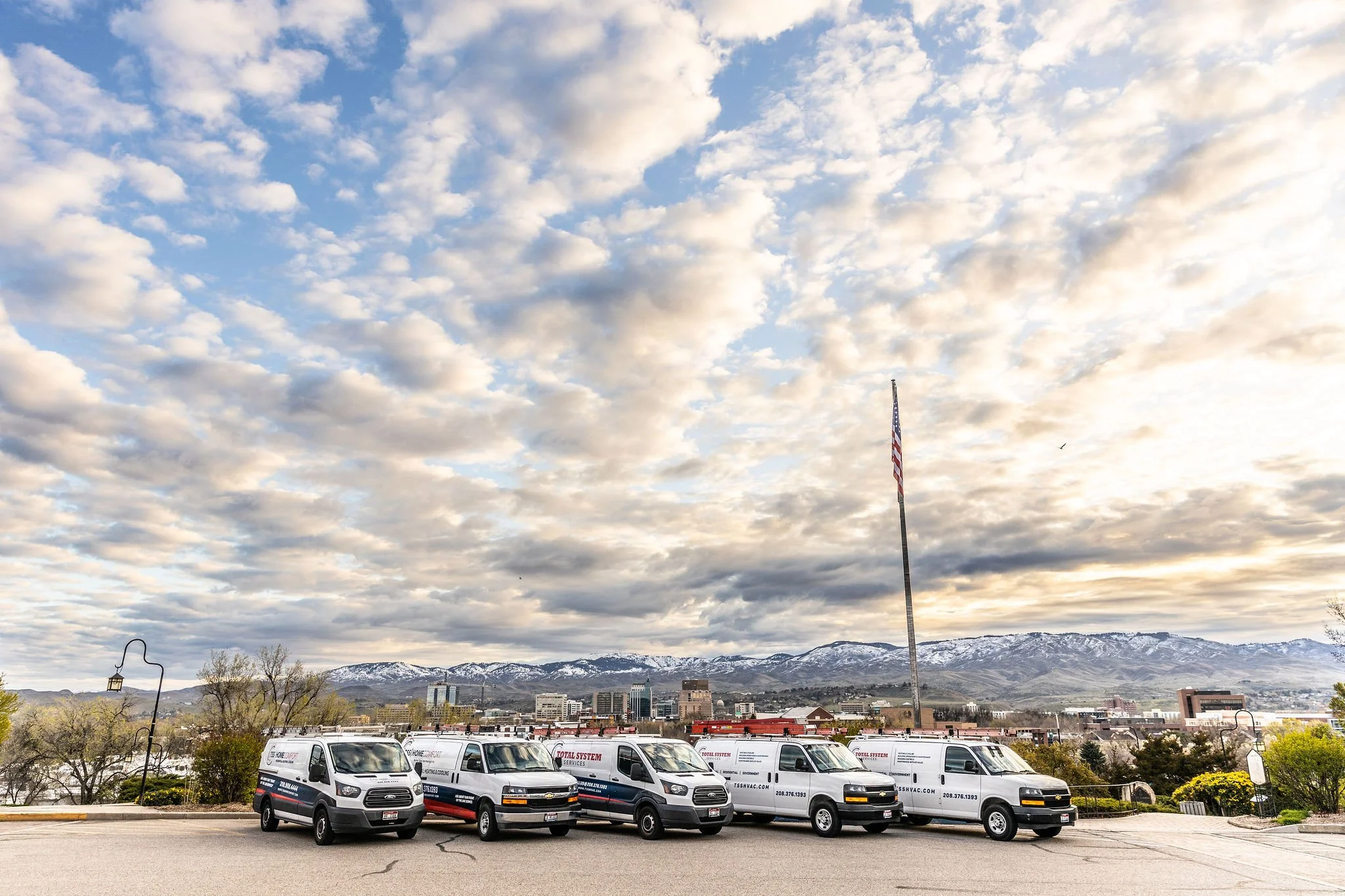 Five service vans for Total System Services Inc. parked in a row on a paved area, with a city skyline, snow-capped mountains, and an American flag on a tall flagpole in the background. The sky is partly cloudy.