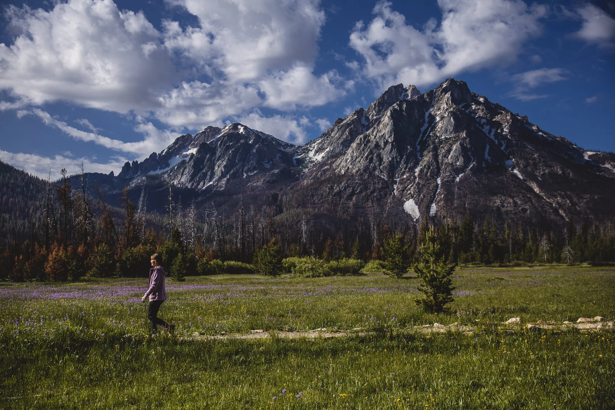 Woman hiking at the base of the sawtooth mountains in a meadow near Stanley Lake in Idaho during a branding photoshoot.