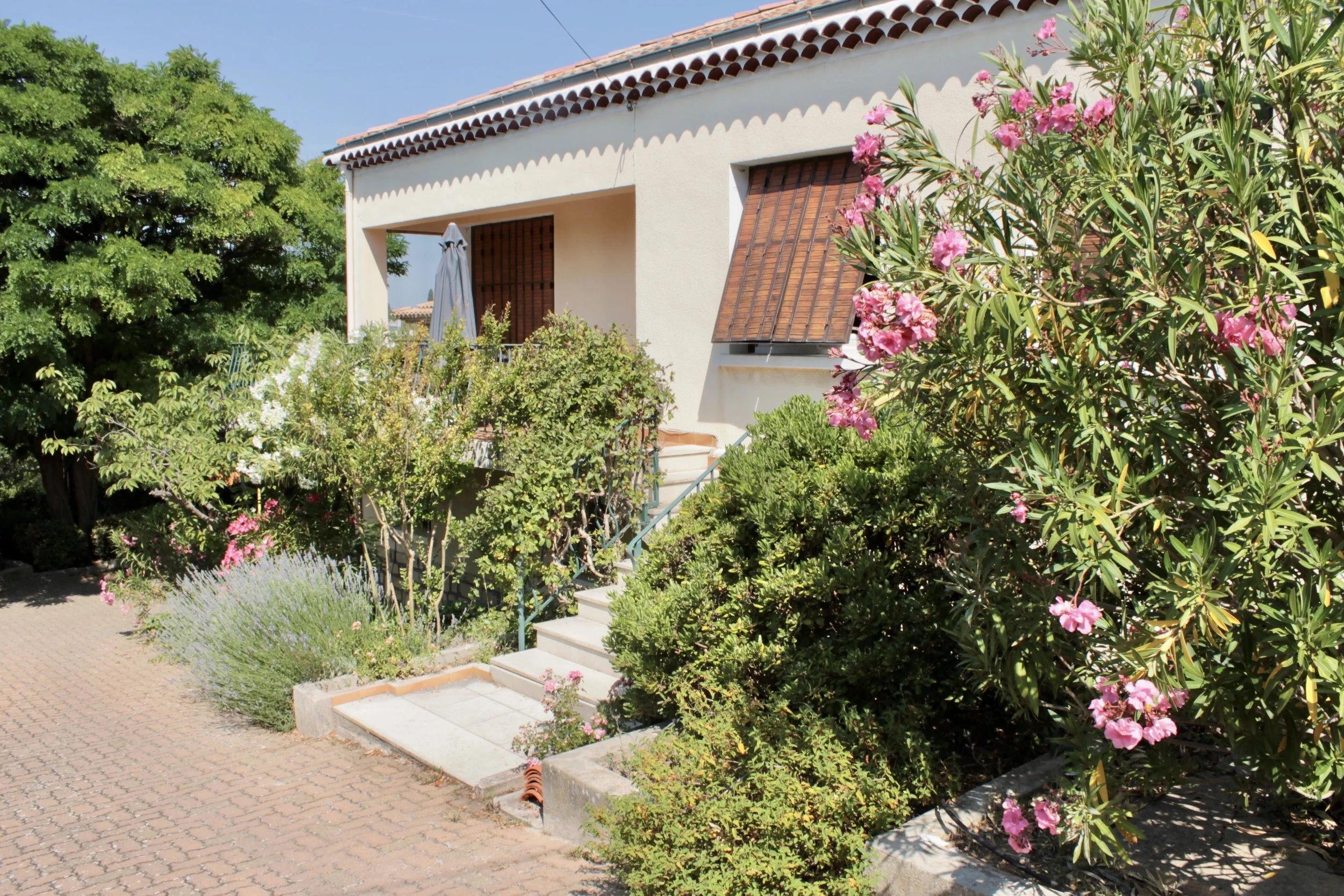 White house with red tile roof partially visible behind lush green trees and vibrant pink flowering shrubs, with a pathway and stairs leading to the entrance.