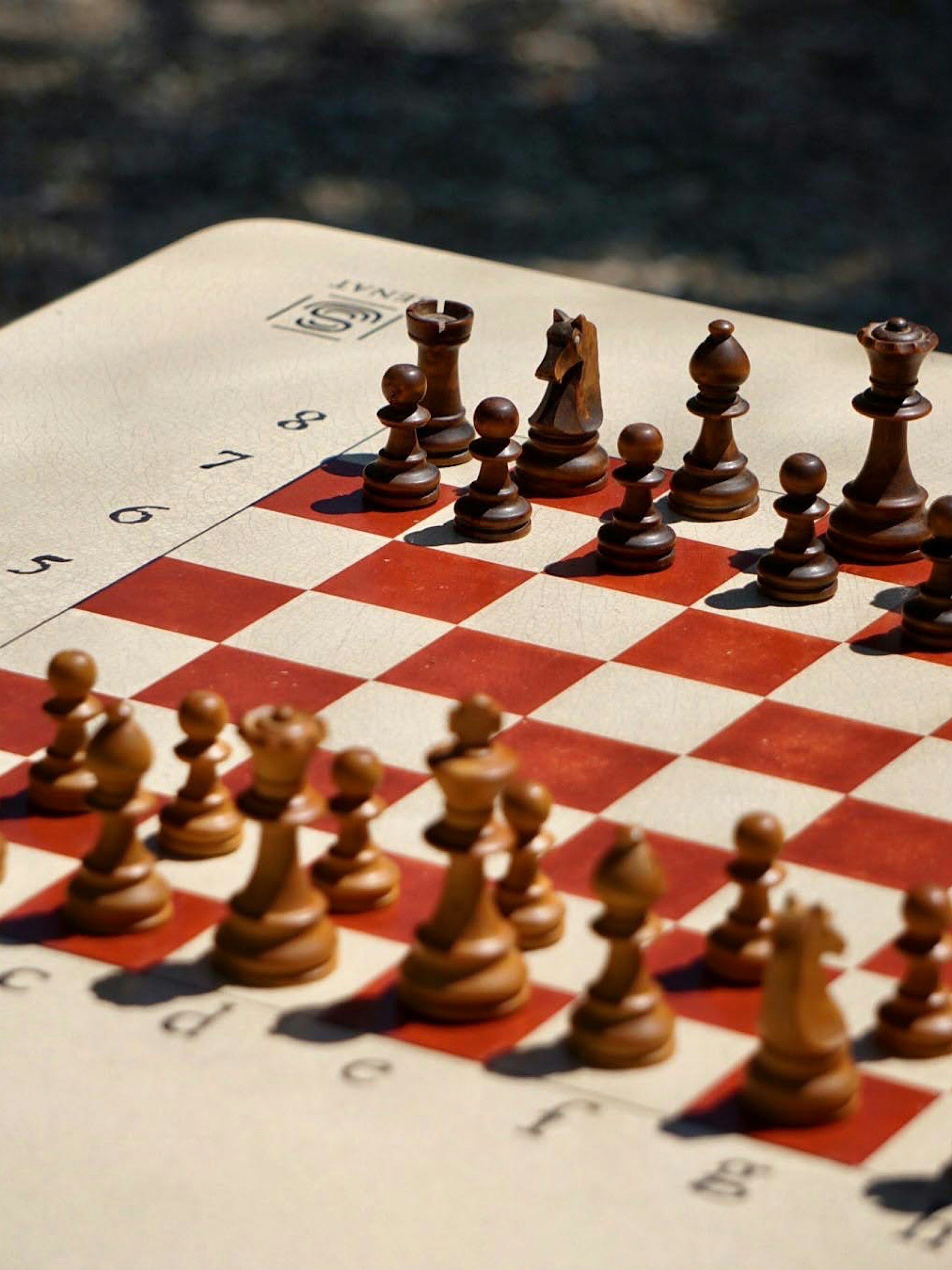 E. A . Lusinsaano chessboard set up for a game with chess pieces in their starting positions, viewed from a close angle.