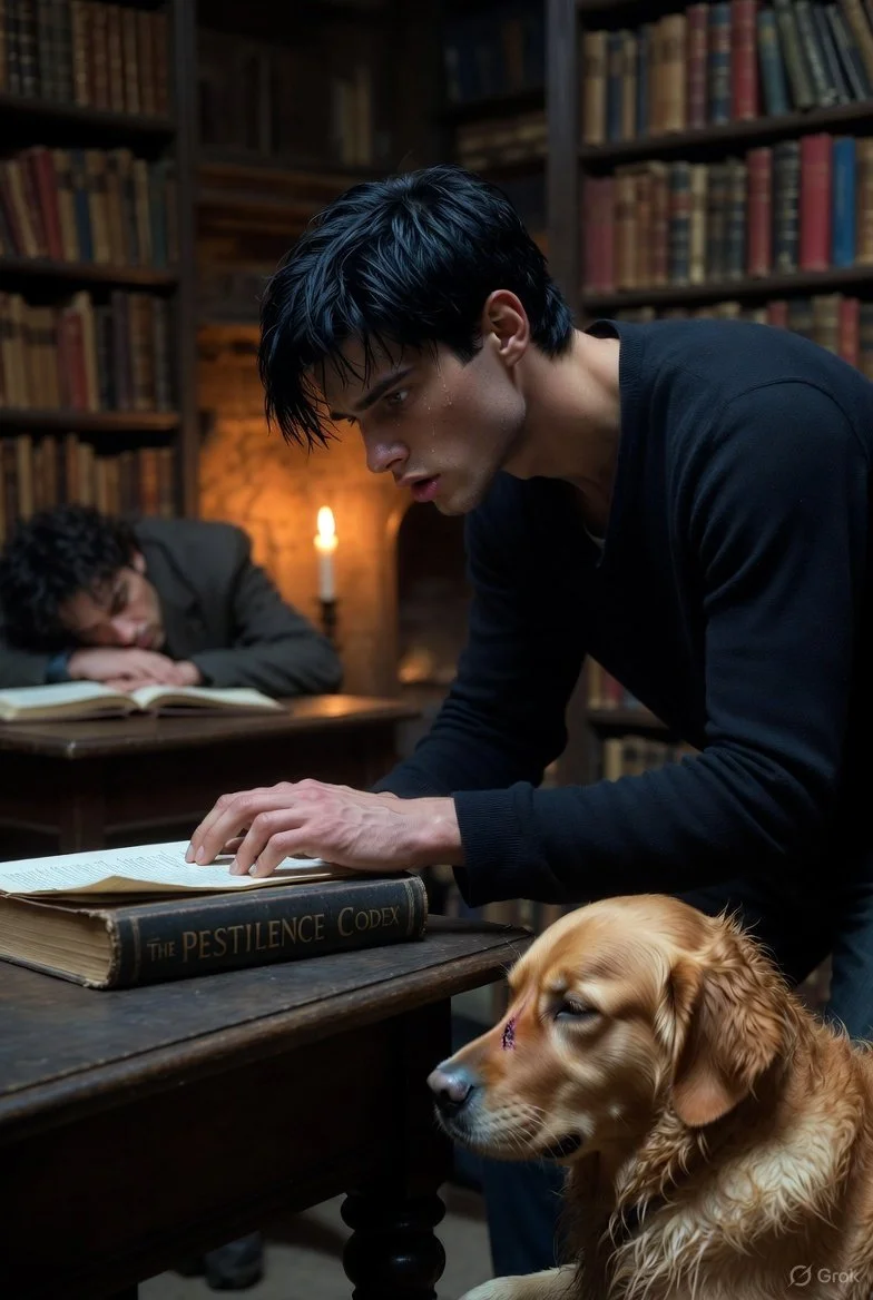 A young man with wet black hair leaning over a large book titled 'The Pestilence Codex' on a wooden table, in a dimly lit library, with an older man sleeping at a desk in the background and a golden retriever sitting nearby.