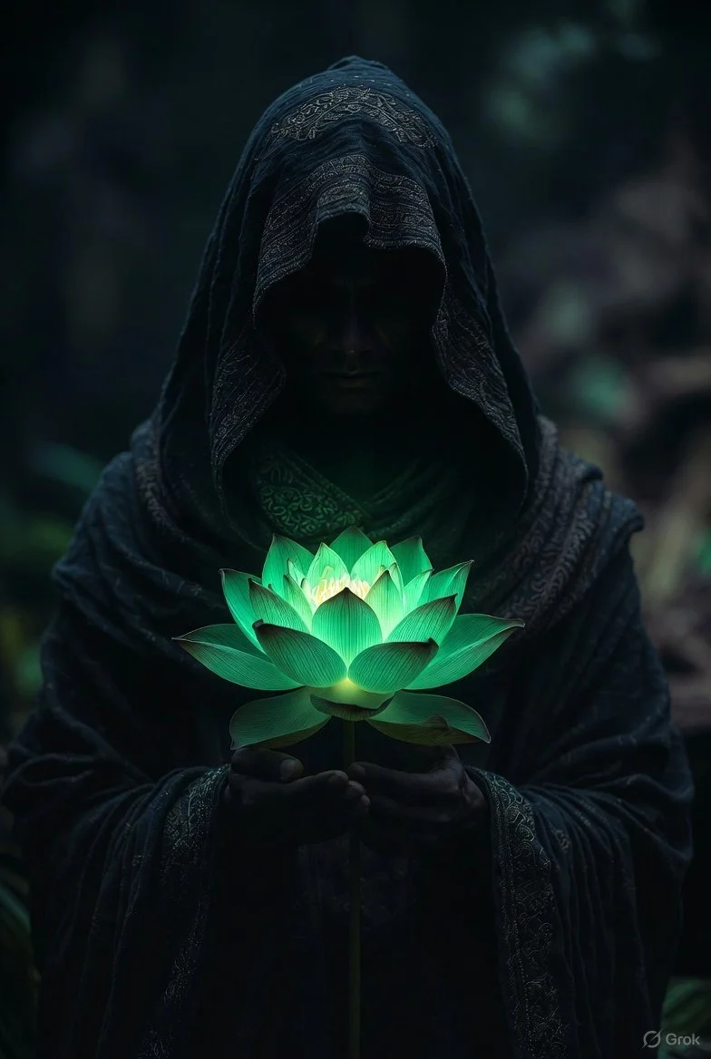 Character portrait: mysterious hooded figure holding a glowing emerald lotus, dark background, tall vertical, 1600×2400