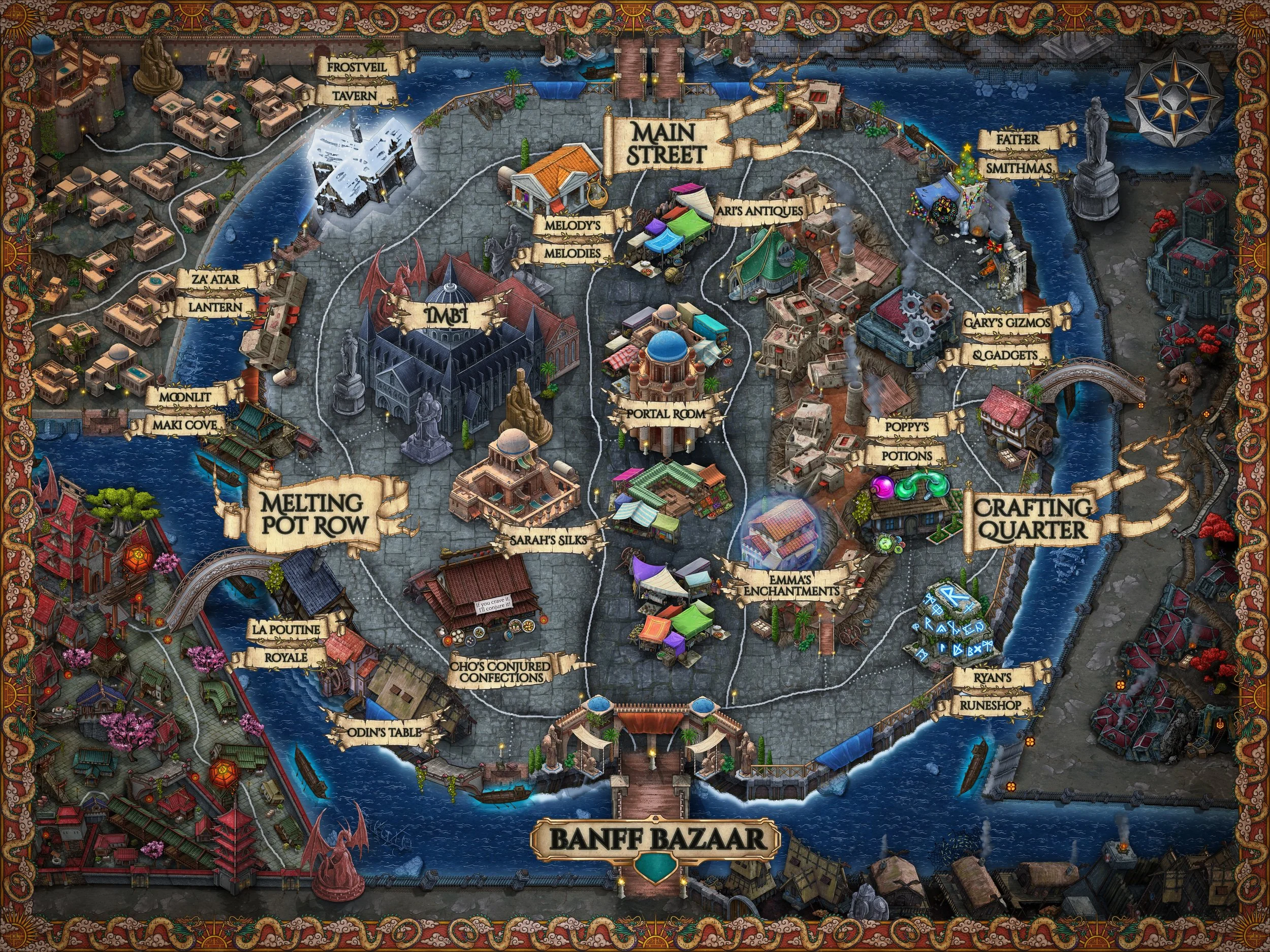 The Banff Bazaar | Encircled by five distinct districts, its enchanted streets pulse with magical tradesmen, the Canadian IMBI headquarters, dubious market-stall hawkers, and conjured culinary masterpieces. Internal cavern weather controlled by IMBI 