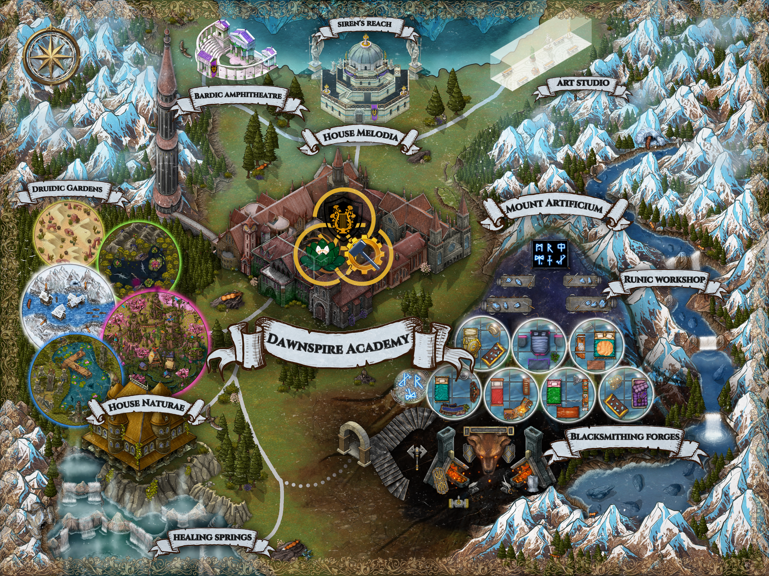 DawnSpire Academy revealed—the towering Mount Artificium, where the guys and I turn ordinary objects into powerful magical artifacts, House Melodia, where the artists can do everything from mayhem to mending, and finally the lush Druidic Gardens, and