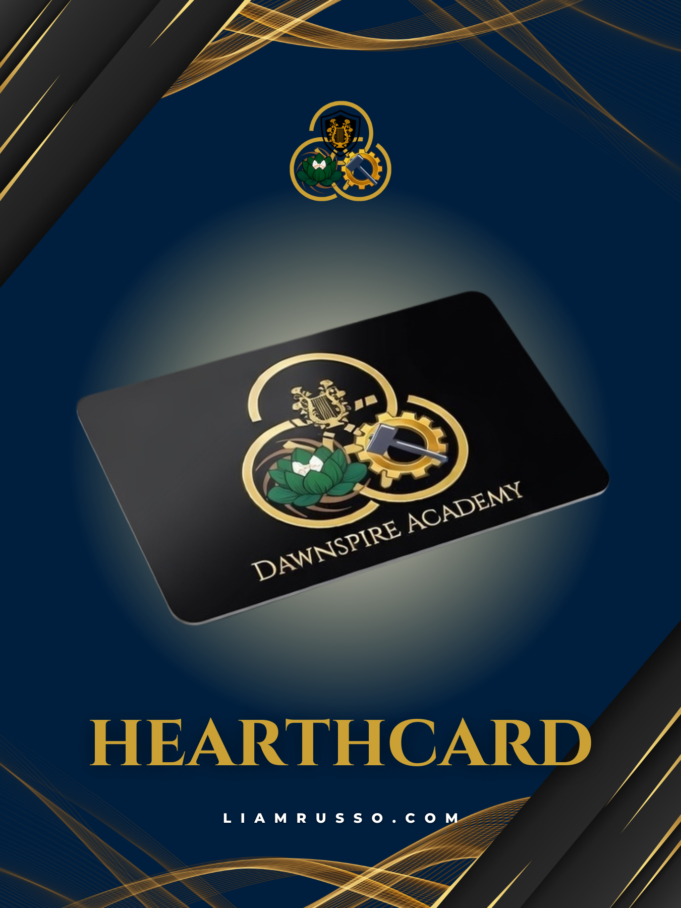 DawnSpire Hearthcard ~ Your sleek, obsidian-black key to the academy. Forged from matte midnight metal with subtle gold embossing, it bears the iconic trinity emblem: lyre, lotus, and hammer intertwined in eternal balance.
Hold it tight, speak the wo