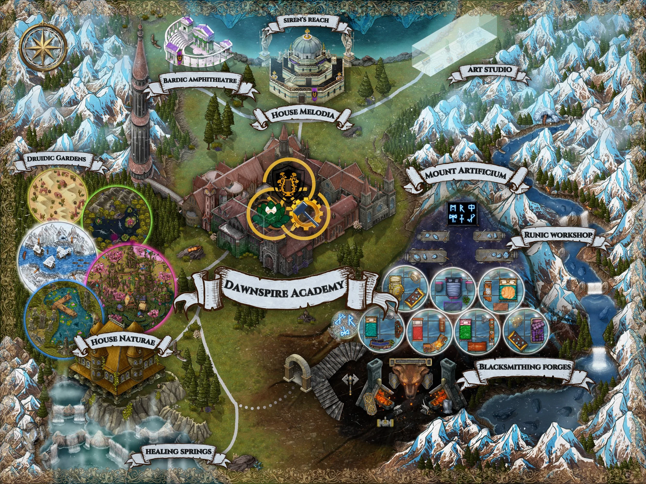 DawnSpire Academy Campus Grounds |
The towering Mount Artificium, where the guys and I turn ordinary objects into powerful magical artifacts, House Melodia, where the artists can do everything from mayhem to mending, and finally the lush Druidic Gard