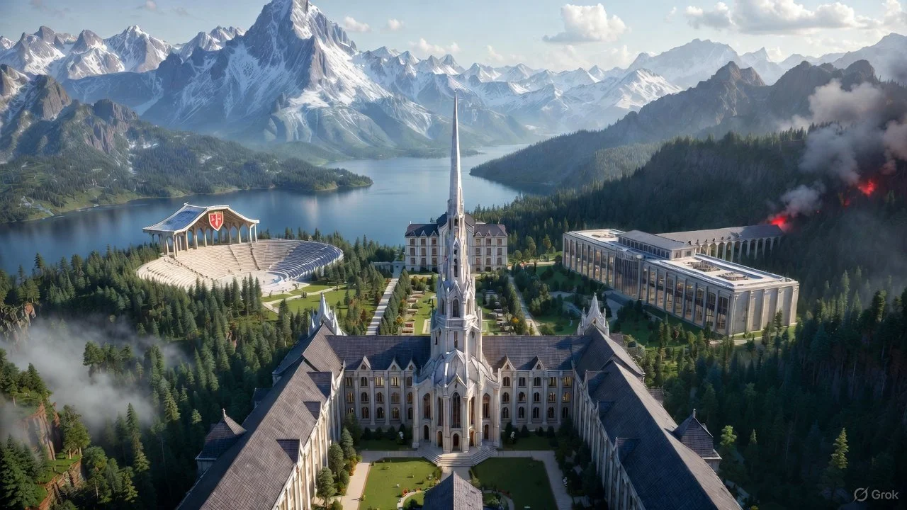 A large, Gothic-style church with a tall steeple in the foreground surrounded by gardens, with snow-capped mountains in the background. To the left, a circular outdoor amphitheater near a lake, and to the right, a modern building with smoke or steam near it, within a wooded area.