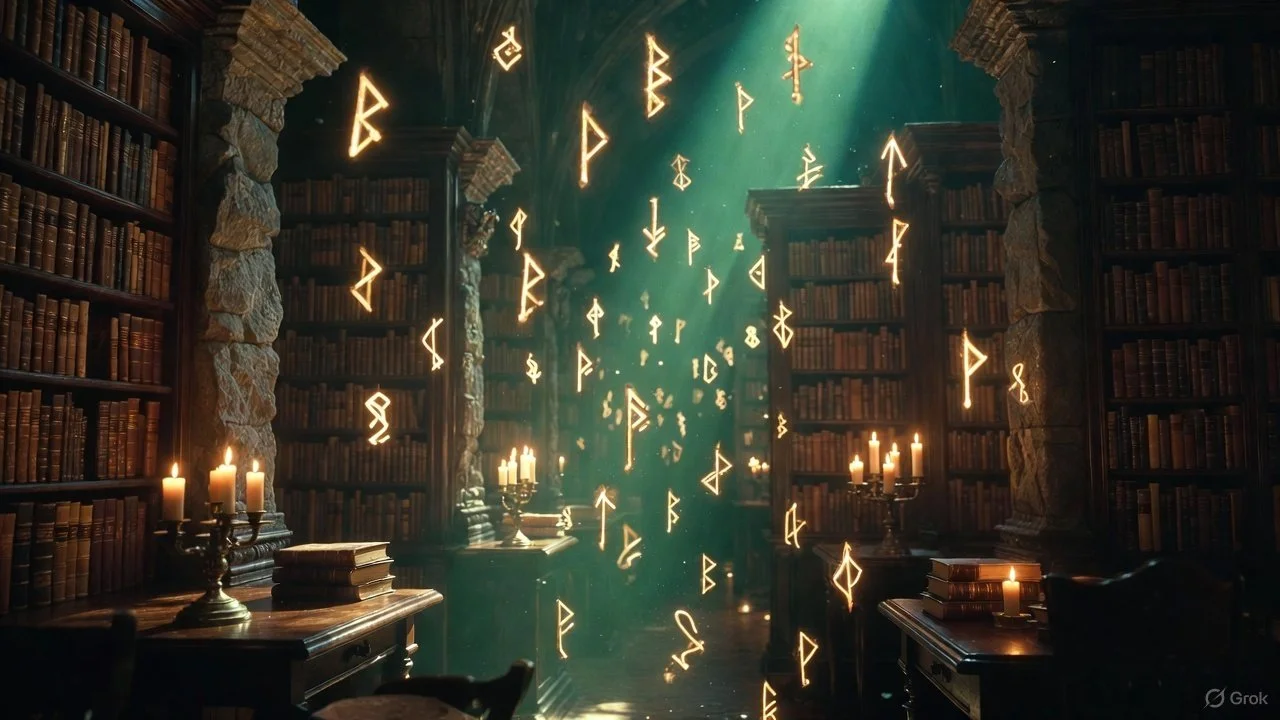 An ancient library with tall wooden bookshelves filled with old books, illuminated by candles, and glowing runes or symbols floating in mid-air.
