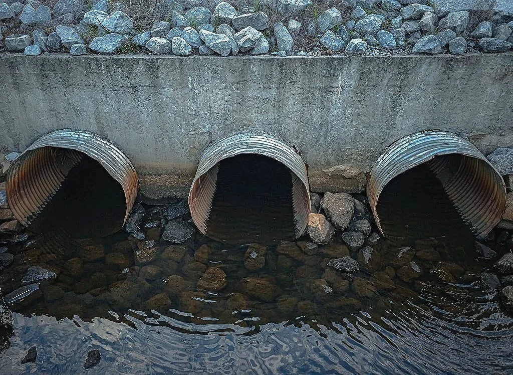 An industrial infrastructure photograph showing drainage pipes, stone, and water flow details. The image highlights the overlooked engineering systems that support roads, construction sites, and coastal communities. It works well for licensing in con