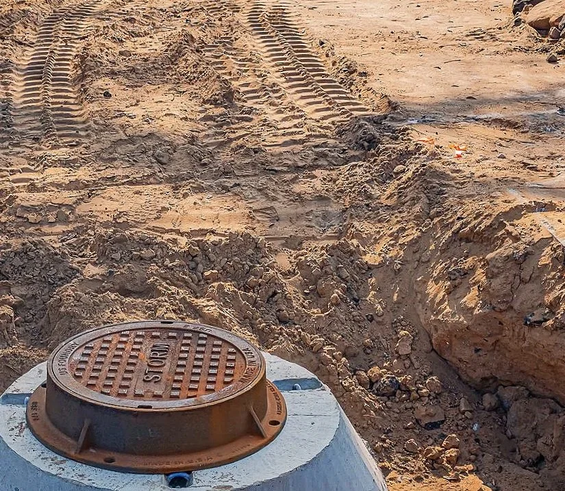 A ground-level construction photograph featuring a manhole cover, dirt, and raw earthwork texture. This image captures the practical, overlooked side of infrastructure and development, making it useful for construction companies, civil engineering vi