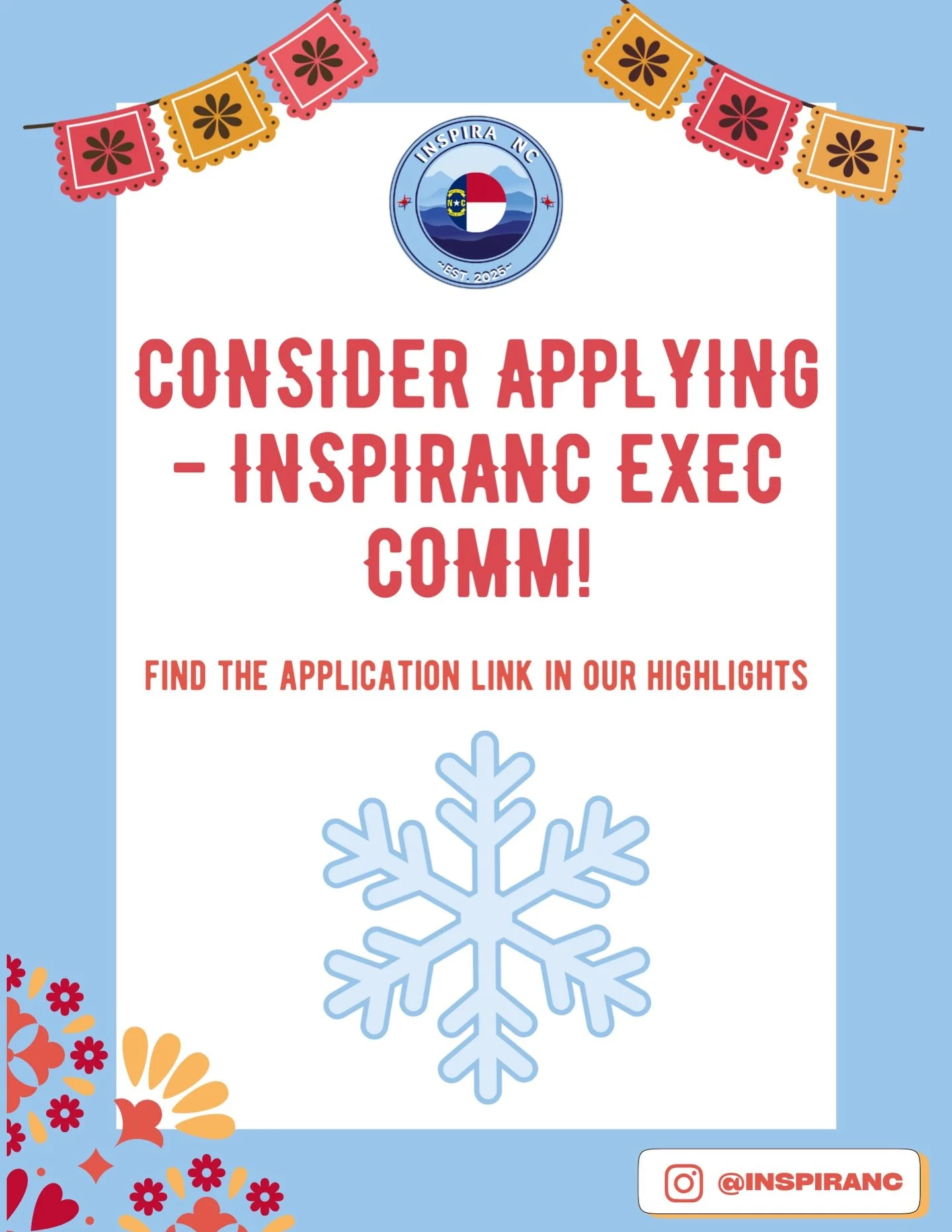 Snowed in? &hellip;. again! ❄️ Might be a good time to reconsider applying to InspiraNC&rsquo;s executive committee. Stay safe and warm InspiraNC students!!

#inspiranc #nc #latino #snow #apply