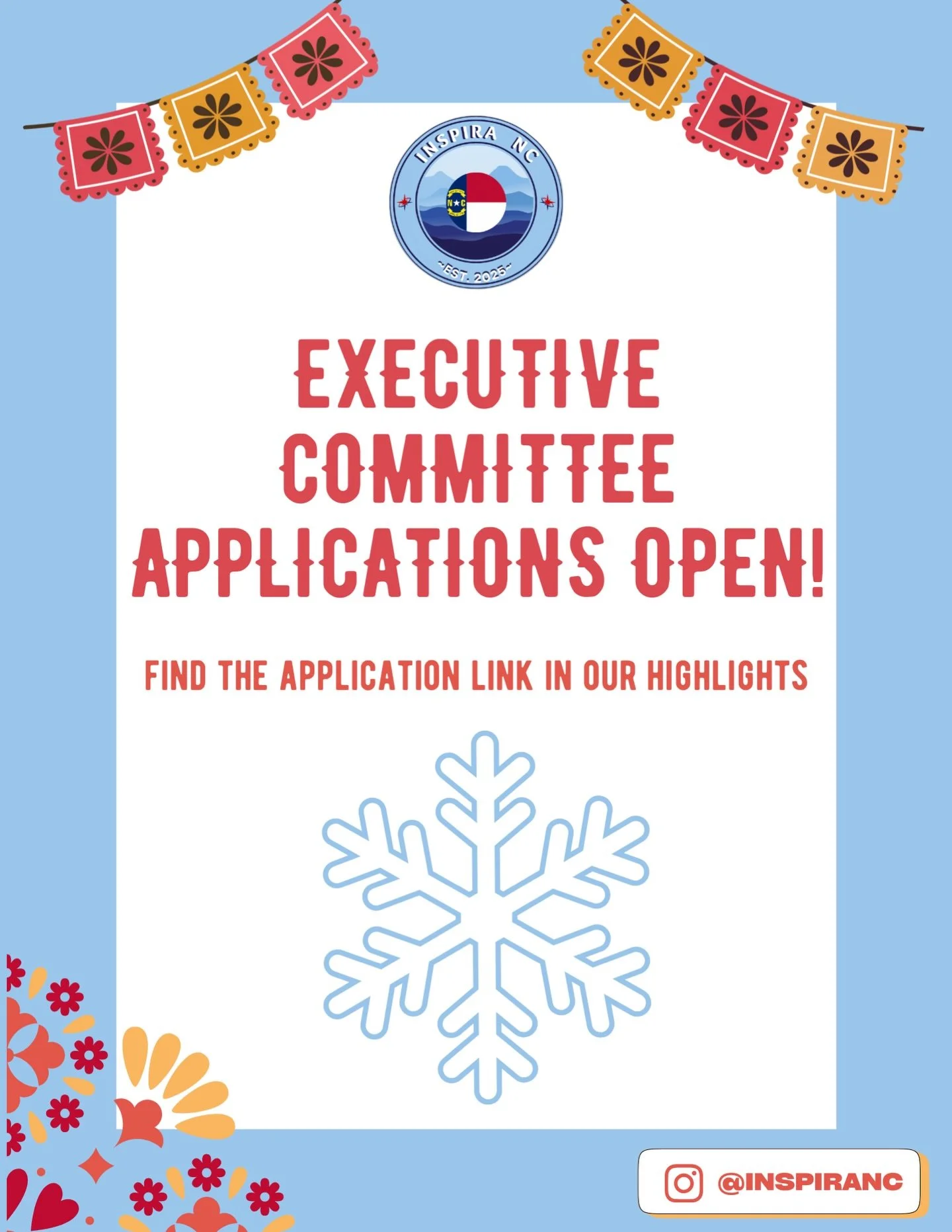 Snowed in? ❄️ You can still apply for InspiraNC&rsquo;s spring executive committee. Check the link in our story and highlight.

#inspiranc #applynow #nc #snow #executive