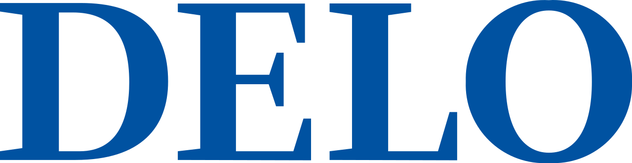 Close-up of the logo of the Italian restaurant chain Delfo in bold, blue capital letters.