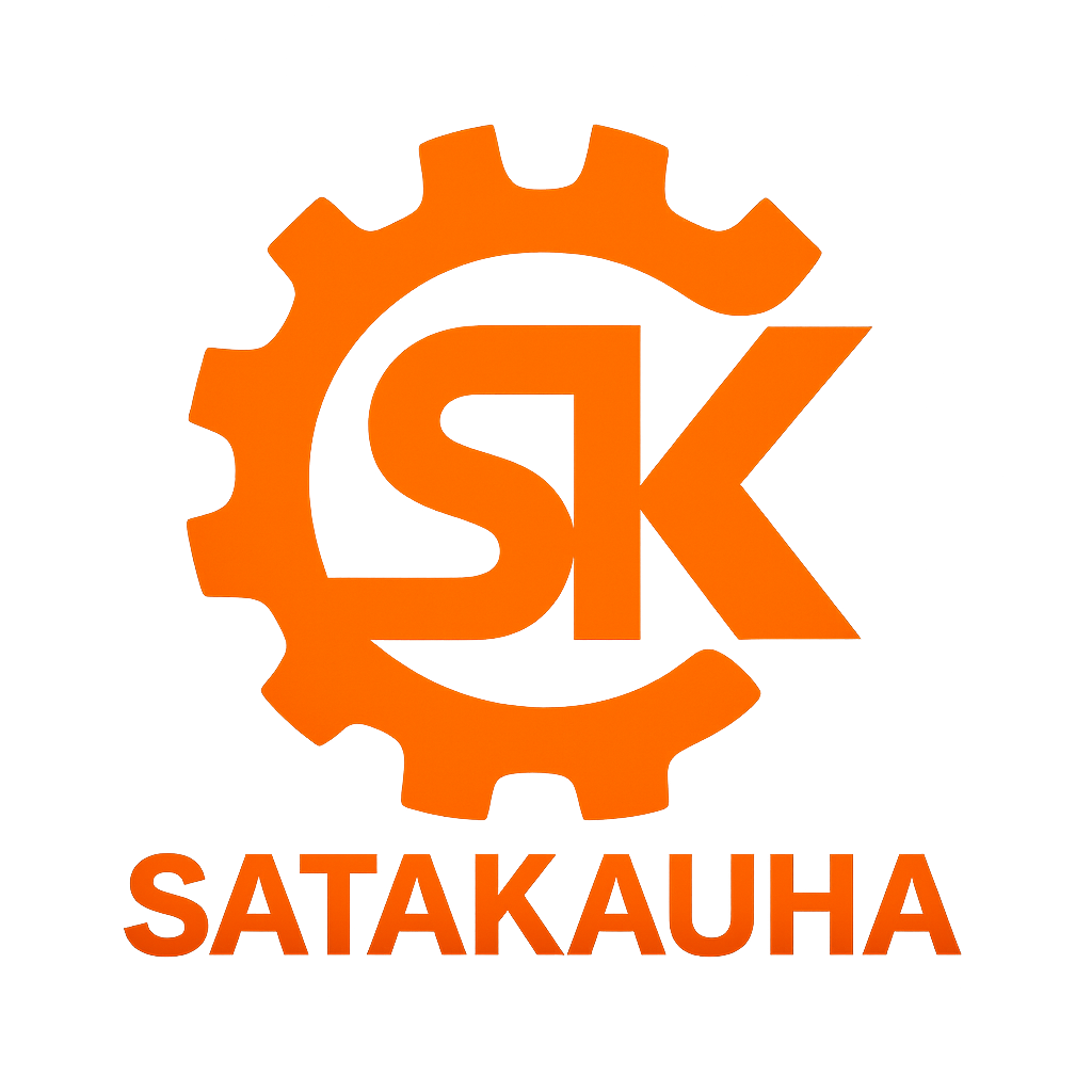 Oranssin värinen logo, jossa on suurin tekstissä SK ja ympärillä hammasratas, ja alla sana SATAKAUHA.
