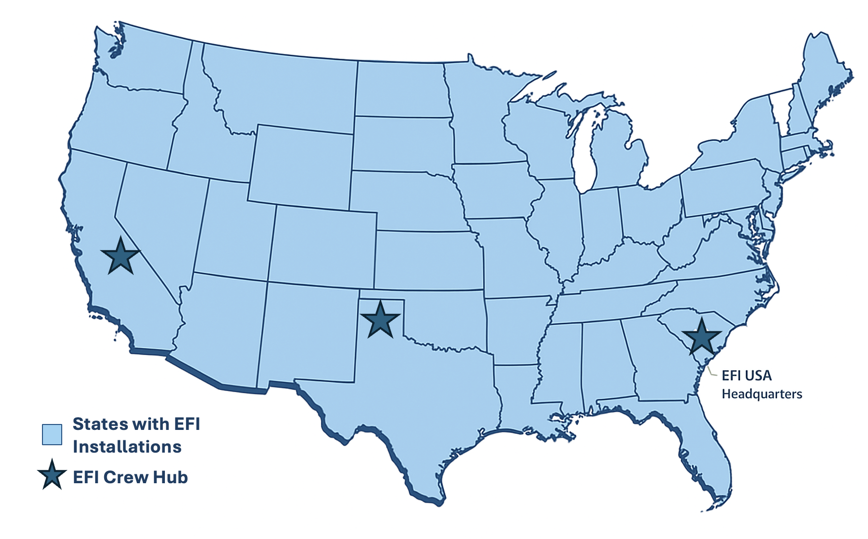 Map of the United States highlighting three states with EFI installations, marked with stars at California, Texas, and Georgia, with labels indicating EFI USA Headquarters in Georgia.