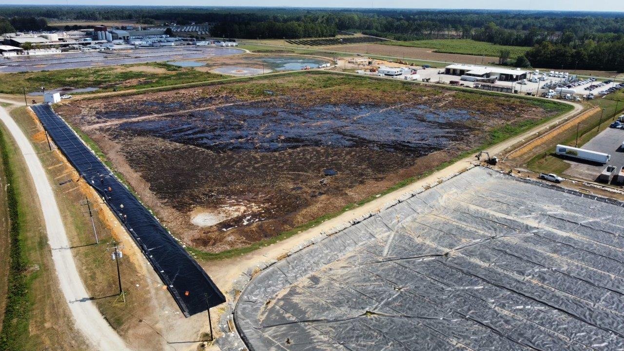 An aerial view of an anaerobic digester before being covered by EFi with geosynthetic membrane and HDPE liner