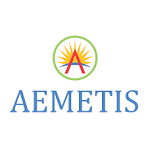 A logo featuring a stylized sun rising above two red and blue paths, with the word "AEMETIS" beneath.