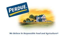 Perdue logo with a rural landscape and a house in the background