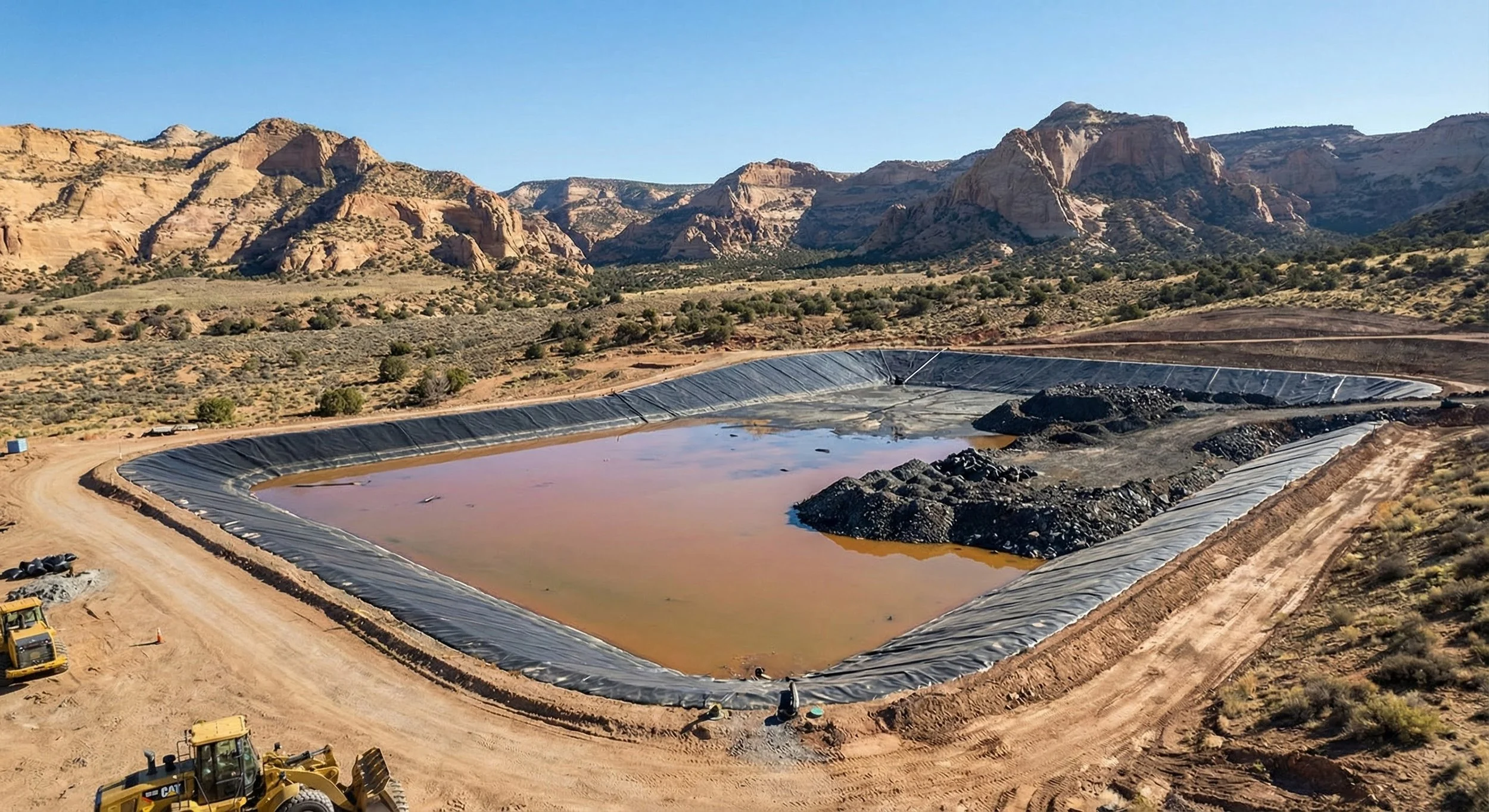 Modern wooden Waste Rock & Leachate Containment with stone steps leading up to it, situated in a mountainous landscape with snow-capped peaks in the background.