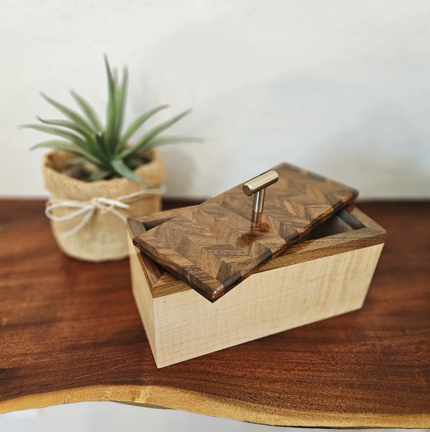 Curly Maple Keepsake Box with Angled Walnut Lid and Bottom