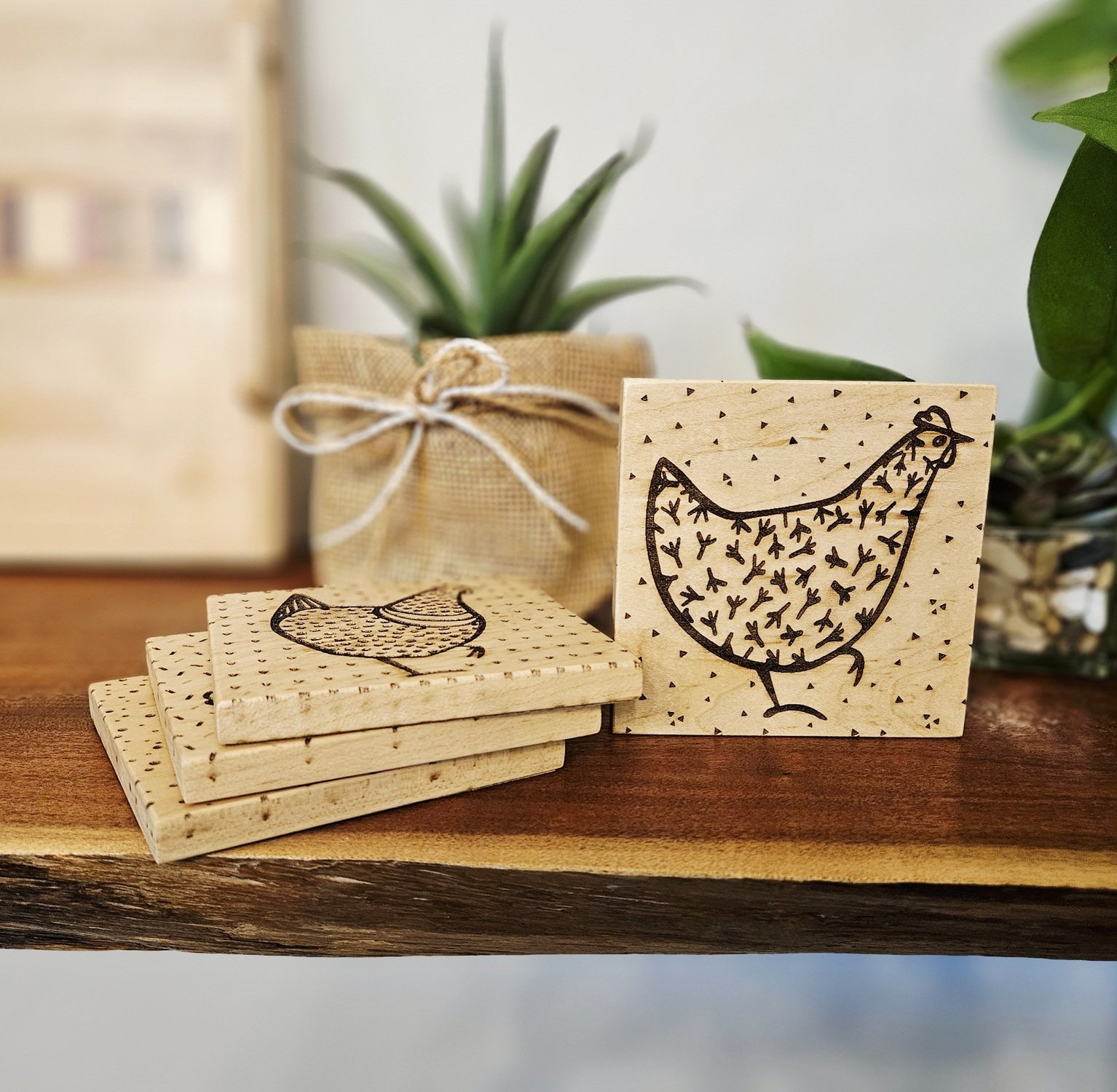 Assorted Chickens Maple Coasters (Set of 4)