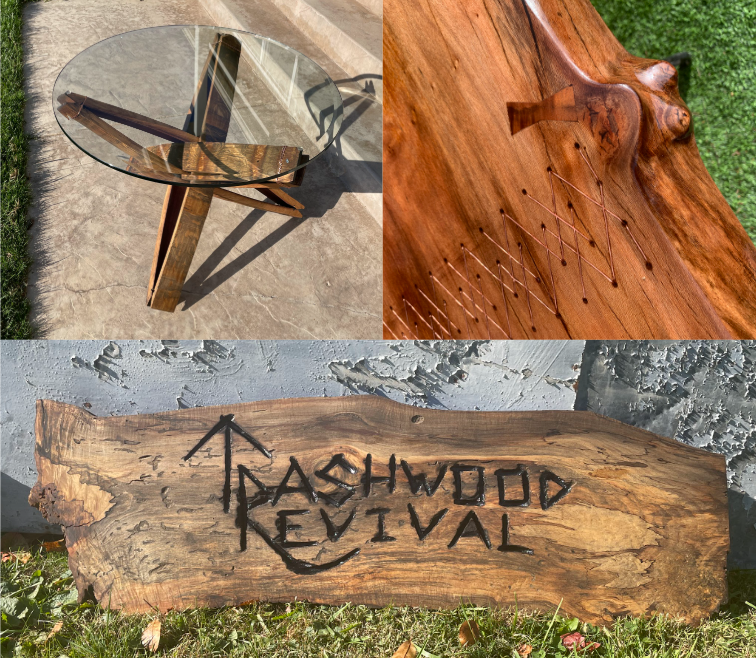 Top-left: a glass-topped wooden table outside on concrete. Top-right: a close-up of a wooden surface with carved and painted geometric patterns. Bottom: a rustic wooden sign with "Revival" carved in black, placed outdoors against a wall with grass and small plants nearby.
