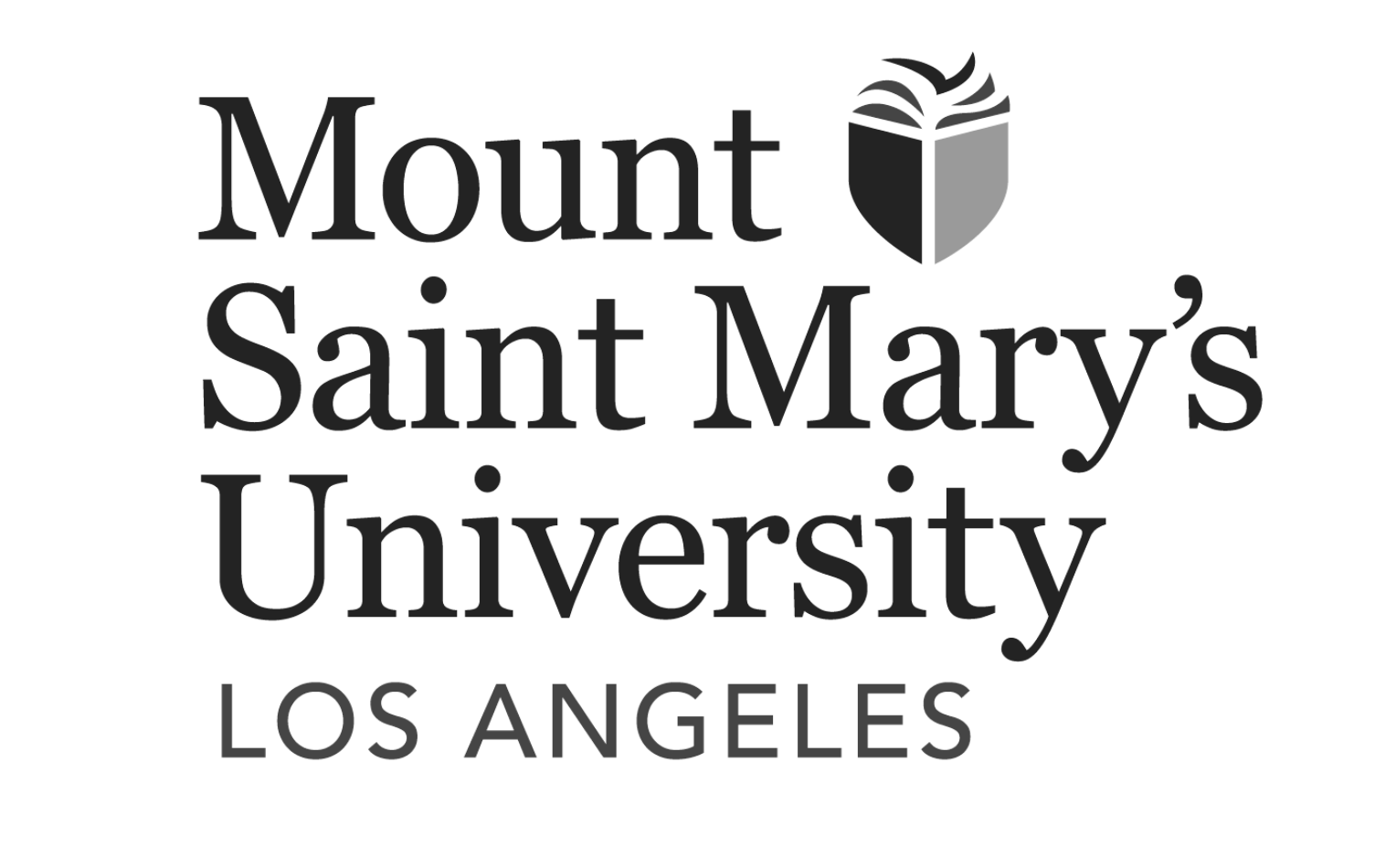 Logo of Mount Saint Mary's University in Los Angeles, featuring a shield with a stylized open book and a flame.