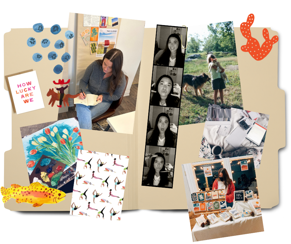 Collage of various photos: a woman reading in a room decorated with art; black-and-white photo booth strip of a woman making different faces; a person with a dog outdoors; a workspace with a camera, notebooks, and coffee; a woman in front of an art display at a craft fair; artistic paintings of flowers and an abstract pattern; a fish illustration; some decorative red coral and blue dots.