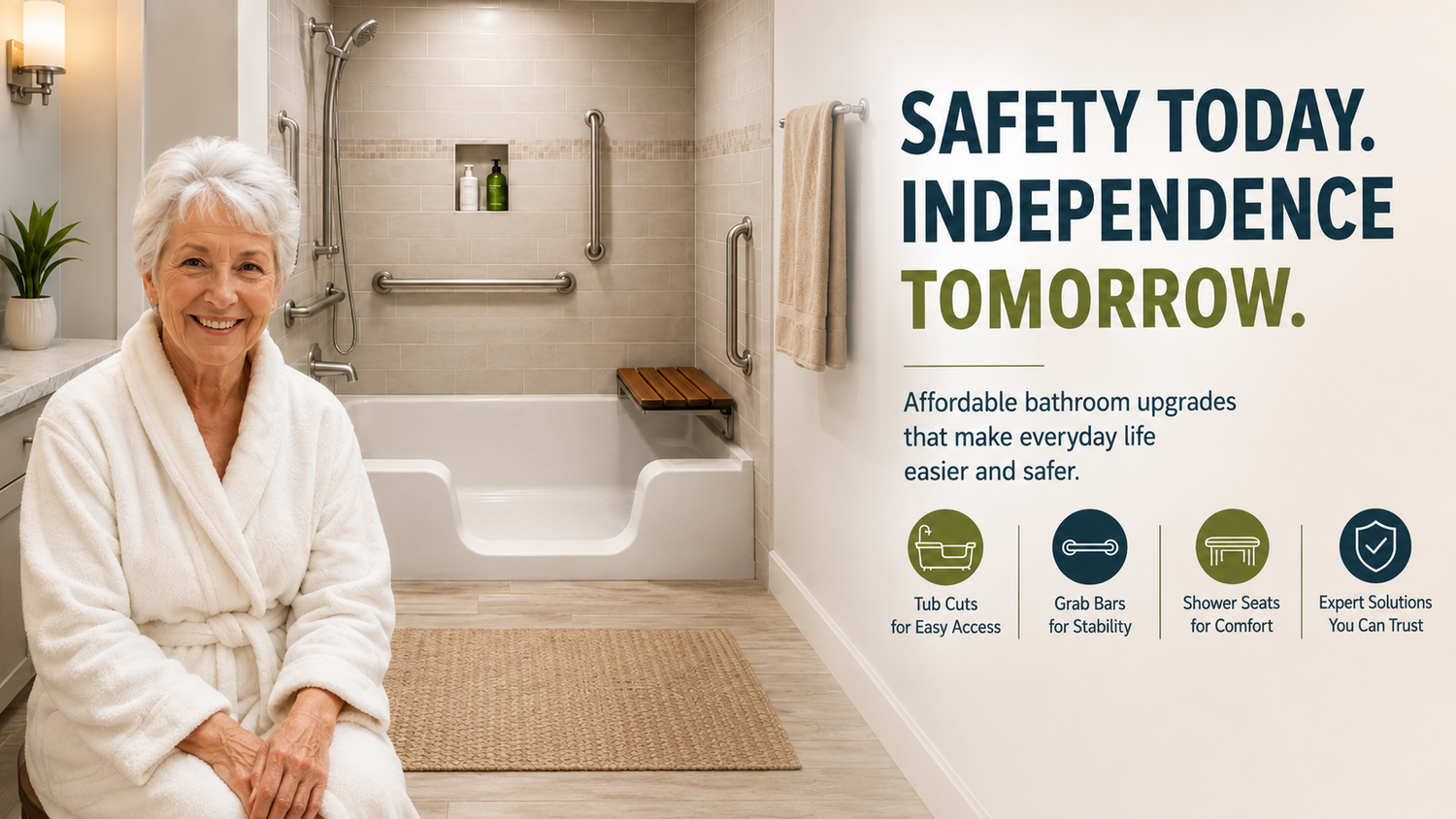 Senior homeowner in a safer Connecticut bathroom with a smooth tub cut, grab bars, handheld shower and shower seat