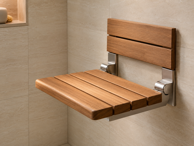 Wall-mounted teak shower bench